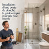 Installation porte de douche sans cadre dans une salle de bain moderne avec carrelage blanc et lumineux
