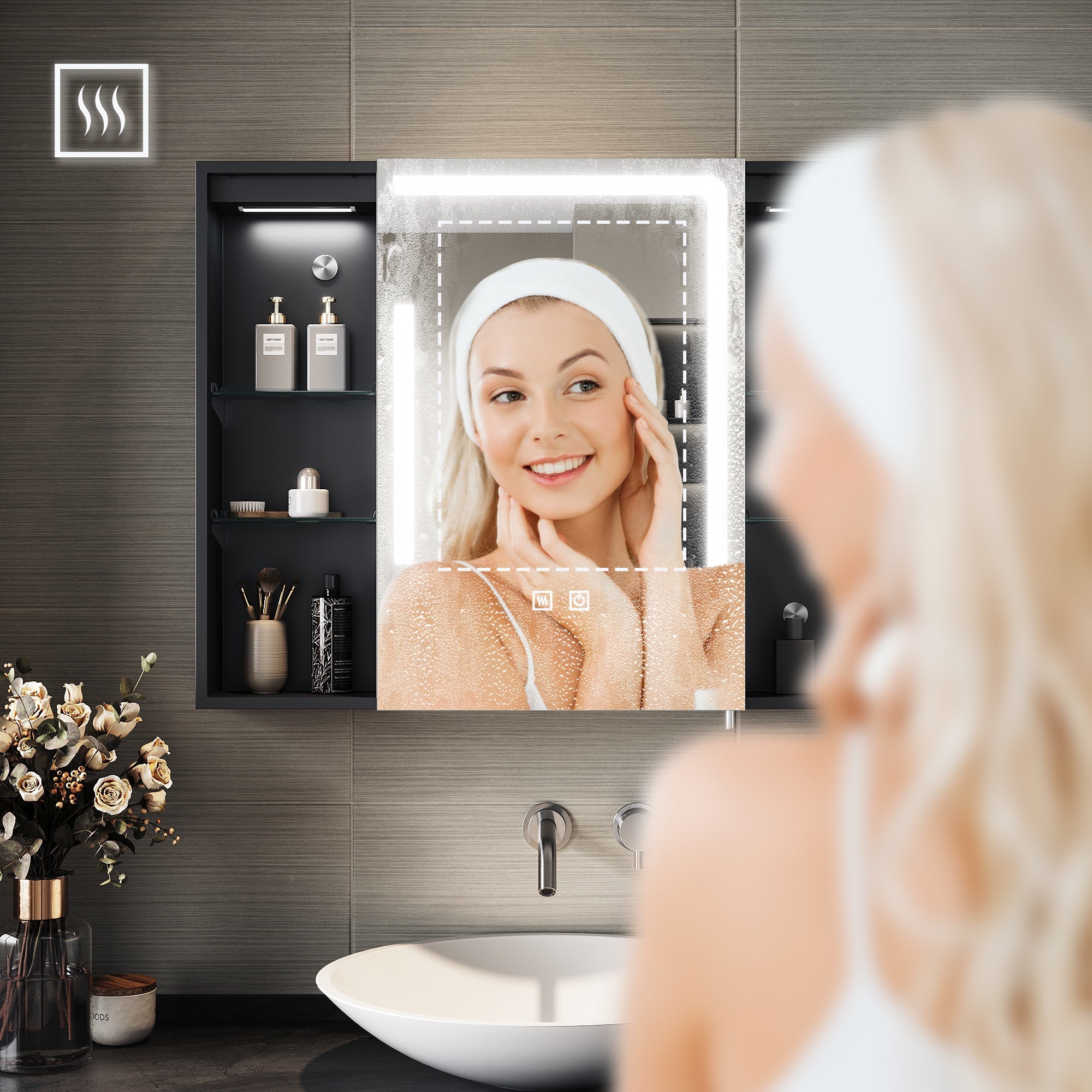 Armoire Salle De Bain Avec Miroir éclairage LED - 80x19x60 Cm, 3 étagères Réglables, Support Sèche-cheveux - Style Campagne - 9