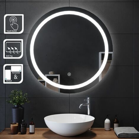 SIRHONA 60-80cm Miroir de Salle de Bain à LED Rond Anti-buée avec éclairage intégré Blanc Froid Miroir Rond Mural - SIRHONA