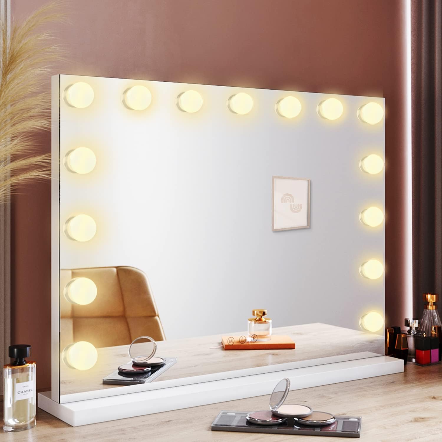 SIRHONA Armoire à Miroir LED Maquillage Lumineux Miroir Maquillage Hollywood avec15 Ampoules 3 Couleurs Lumières Ajustables 58x45.5 cm - SIRHONA