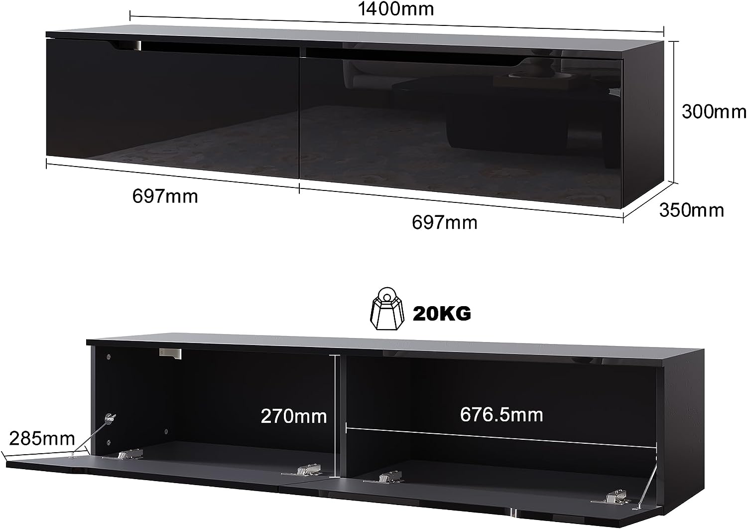 SIRHONA Meuble TV éclairage LED 16 couleurs réglables, plateau TV brillant - SIRHONA