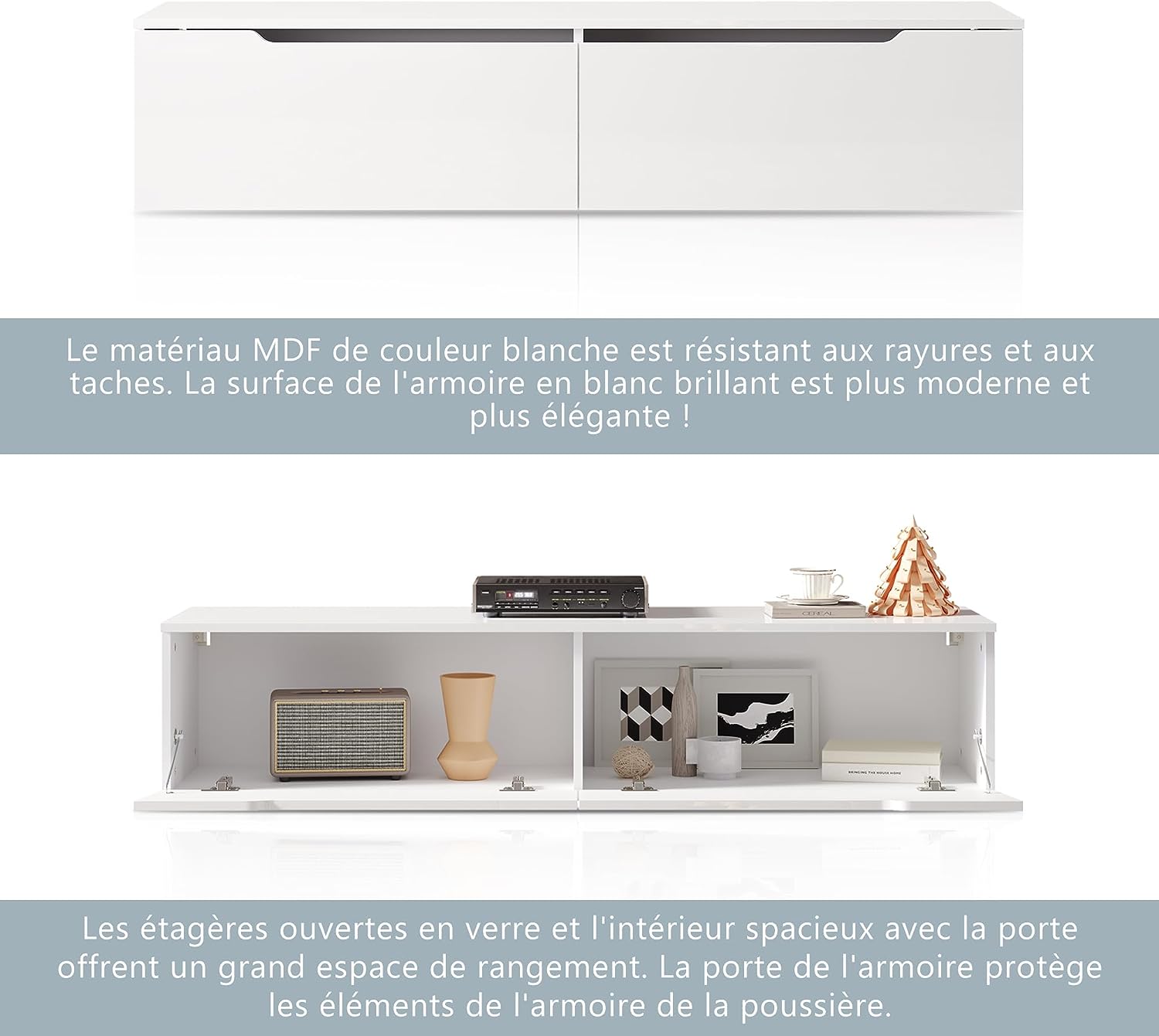 SIRHONA Meuble TV éclairage LED 16 couleurs réglables, plateau TV brillant - SIRHONA