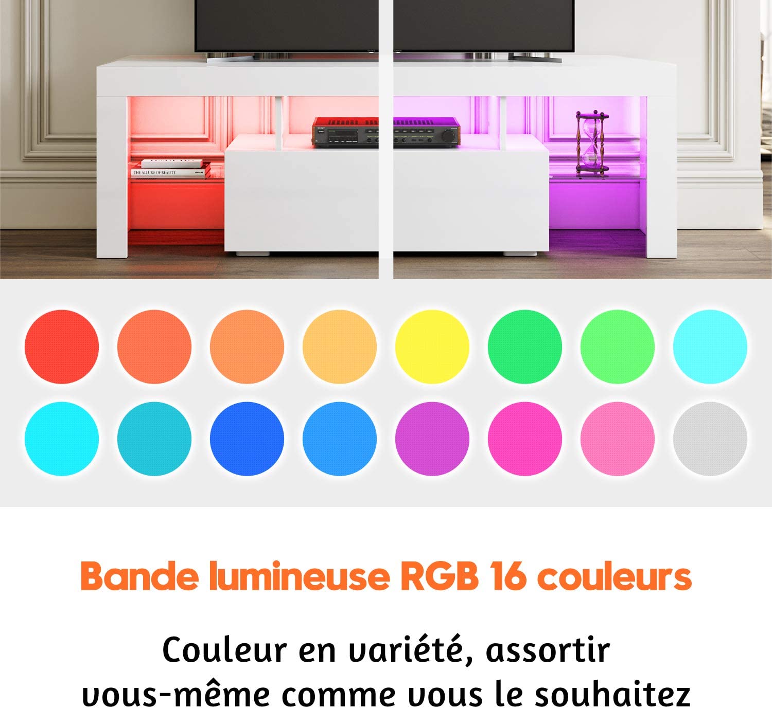 SIRHONA Meuble TV LED Noir, Banc TV 140x35x51cm, Éclairage LED RGB avec Couleur réglable, Capacité de Charge 30 kg, Convient pour Salon ou Chambre - SIRHONA