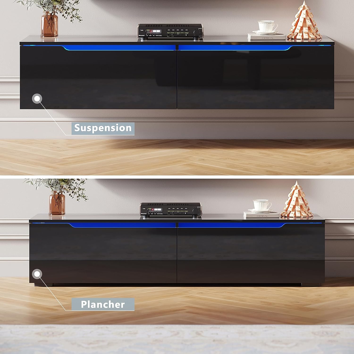 SIRHONA Meuble TV éclairage LED 16 couleurs réglables, plateau TV brillant - SIRHONA