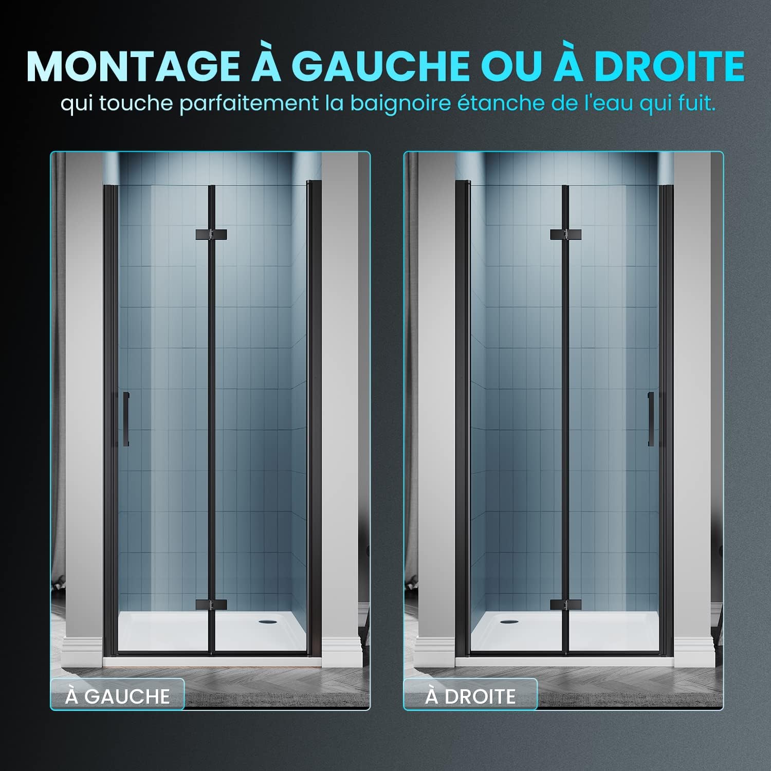 SIRHONA Porte de douche Noir Coulissante 76/80/90 x195cm Porte de douche Pivotante en Verre Transparent 6mm Securit - SIRHONA