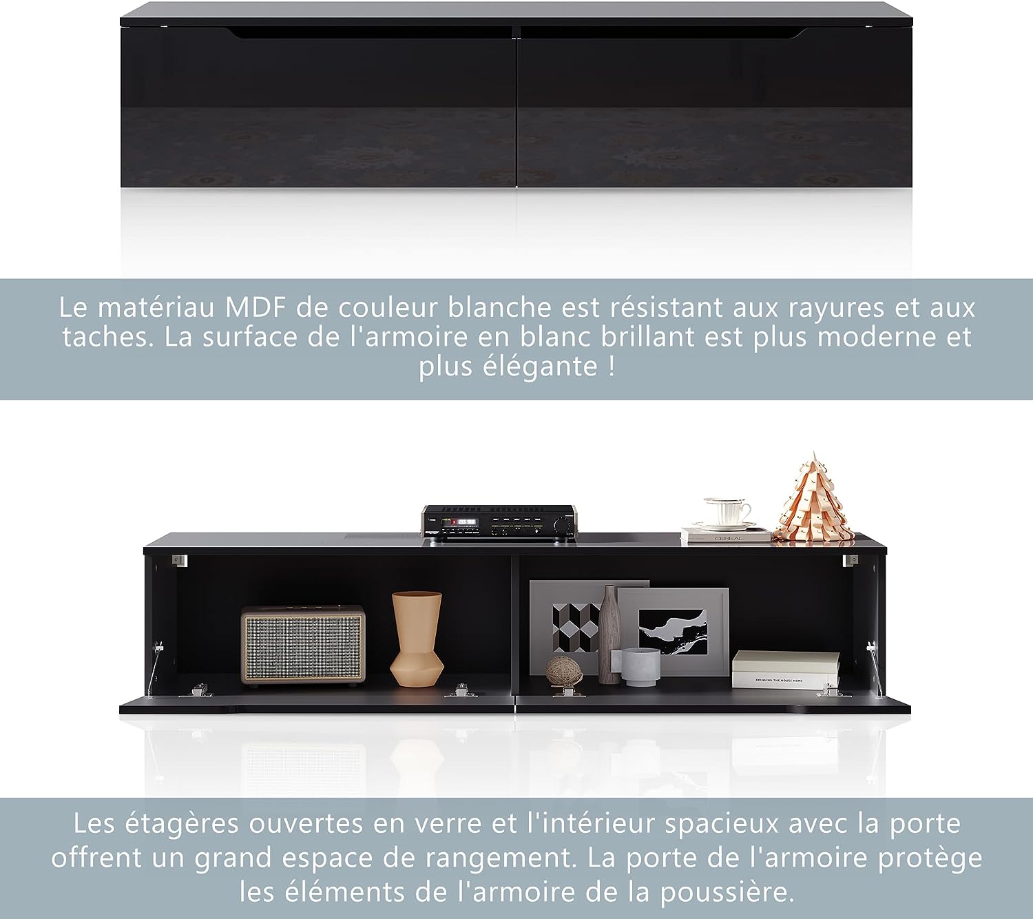 SIRHONA Meuble TV éclairage LED 16 couleurs réglables, plateau TV brillant - SIRHONA