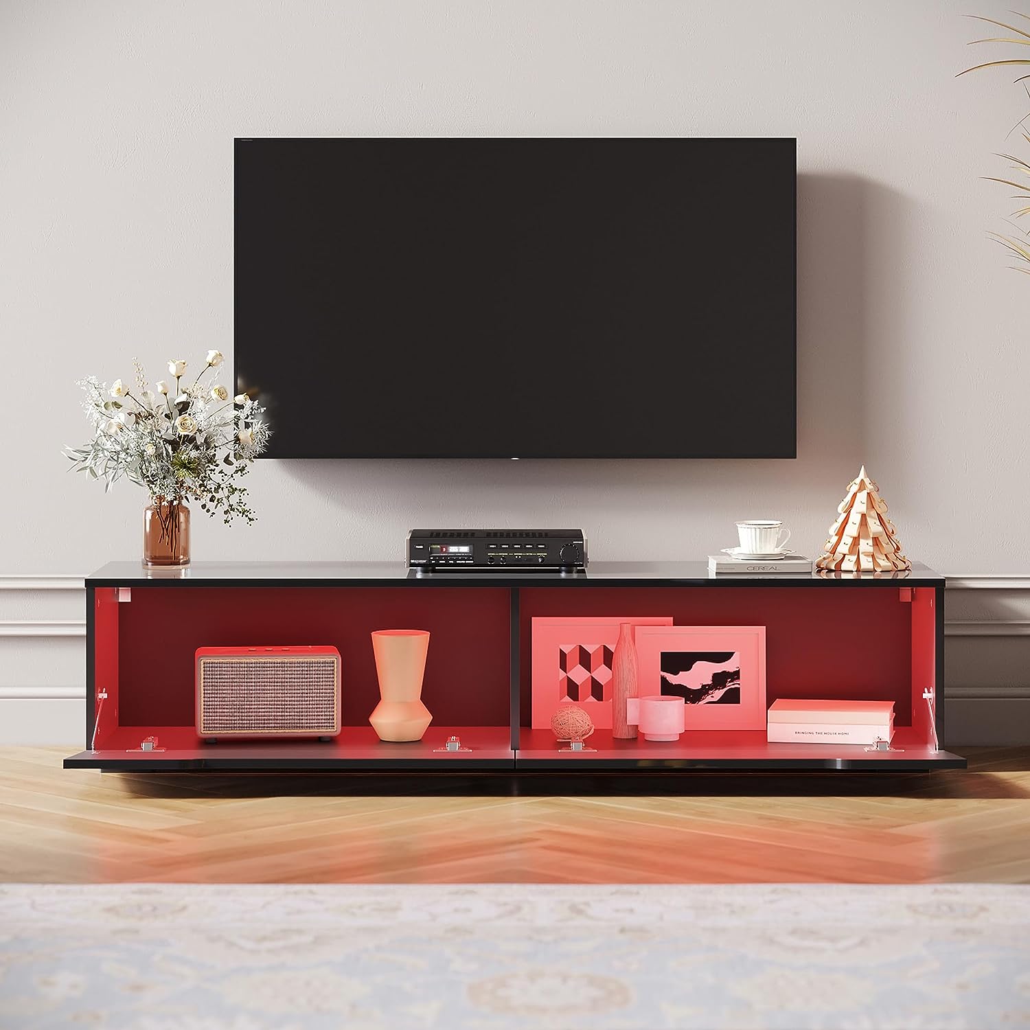 SIRHONA Meuble TV éclairage LED 16 couleurs réglables, plateau TV brillant - SIRHONA