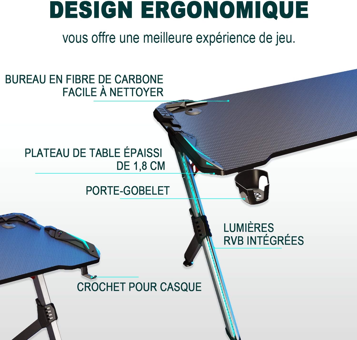 SIRHONA Bureau Gaming Table Ergonomique de Jeu Bureau d'ordinateur PC Gaming Table en Fibre - SIRHONA