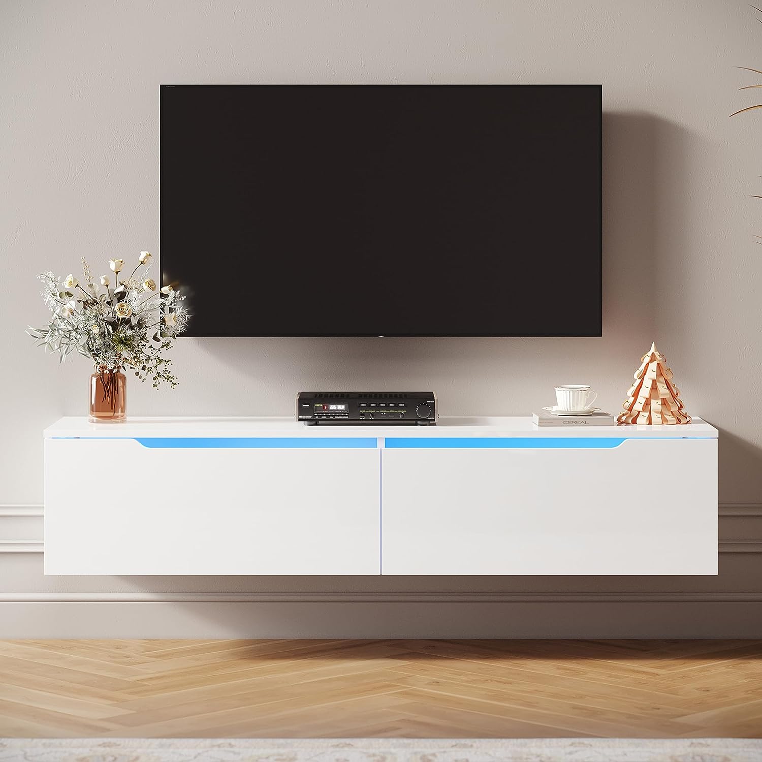 SIRHONA Meuble TV éclairage LED 16 couleurs réglables, plateau TV brillant - SIRHONA