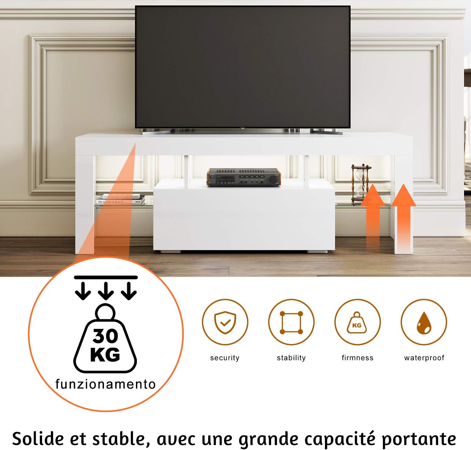 SIRHONA Meuble TV LED Noir, Banc TV 140x35x51cm, Éclairage LED RGB avec Couleur réglable, Capacité de Charge 30 kg, Convient pour Salon ou Chambre - SIRHONA