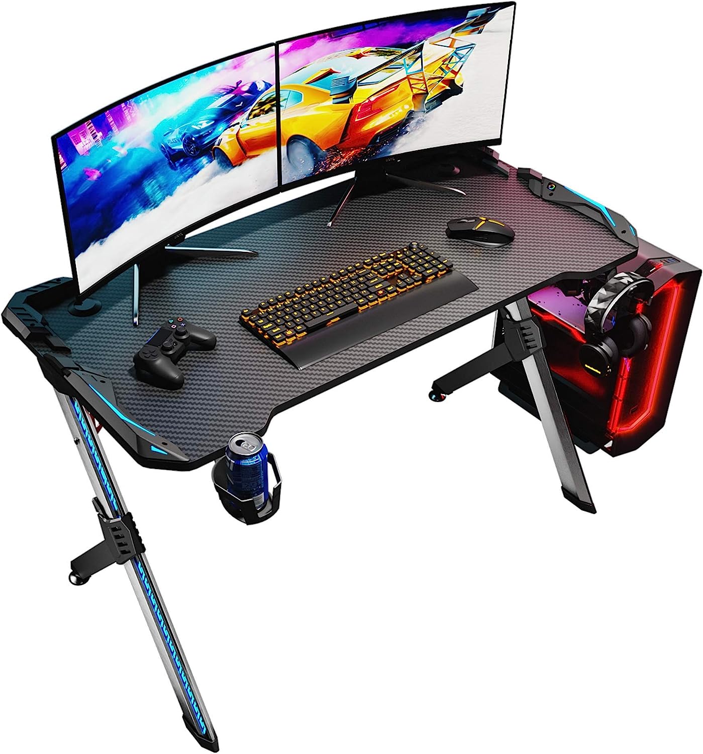 Bureau Gaming Table de jeu coloris graphite avec LED - Longueur 153,5 x  Profondeur 62-68.5