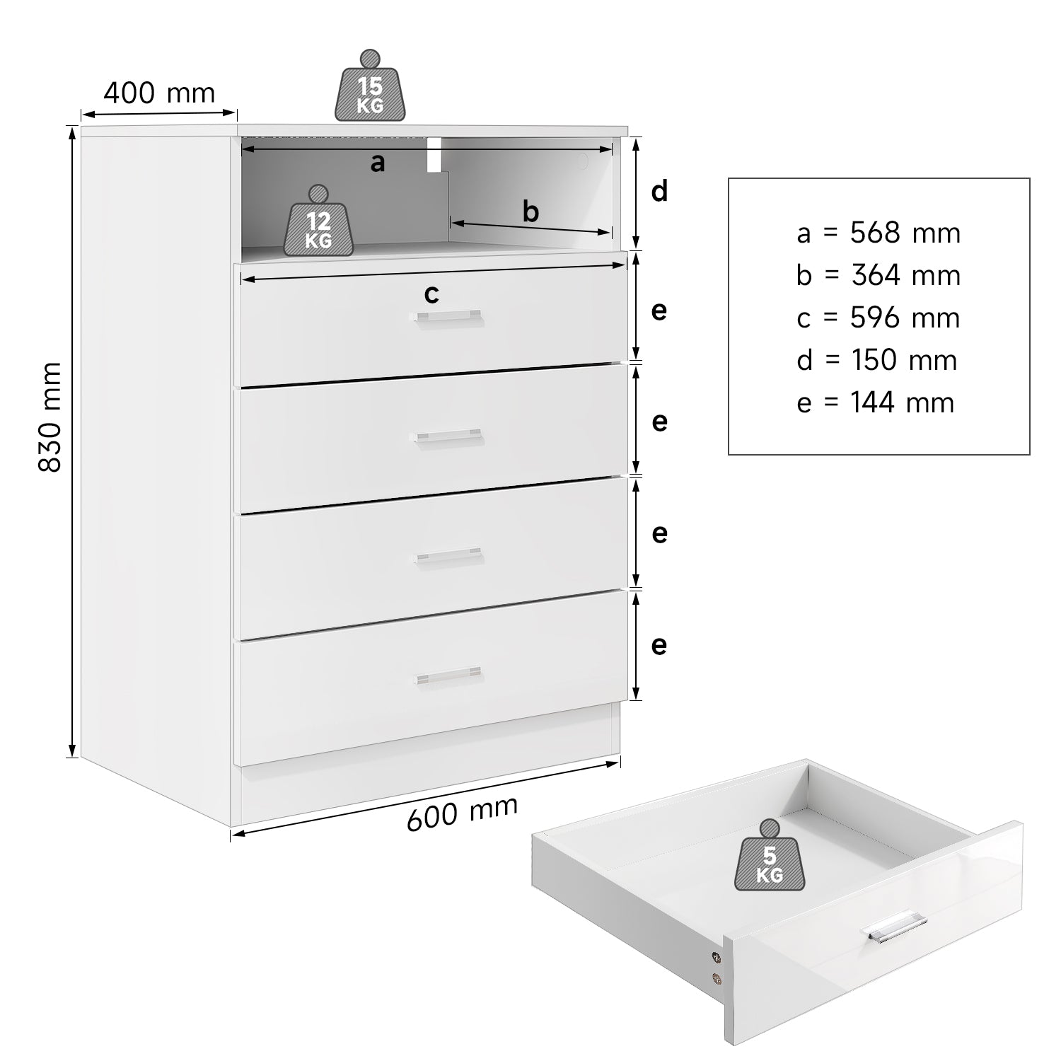 SIRHONA Commode Verticale LED 4 Tiroirs Blanche Brillante W 60 x D 40 x H 83 cm - SIRHONA