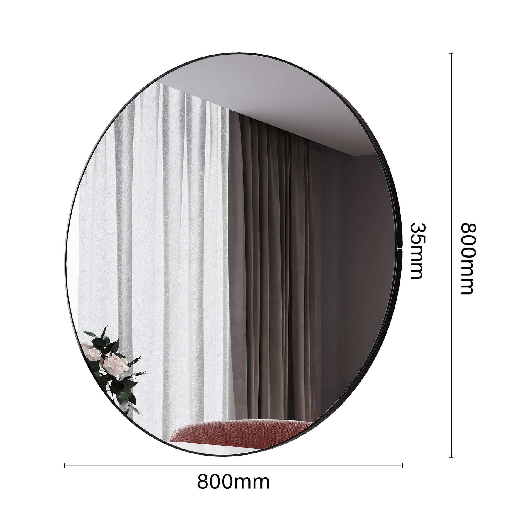 SIRHONA Miroir de maquillage avec cadre noir 800 x 800 x 35 mm, miroir rond mural