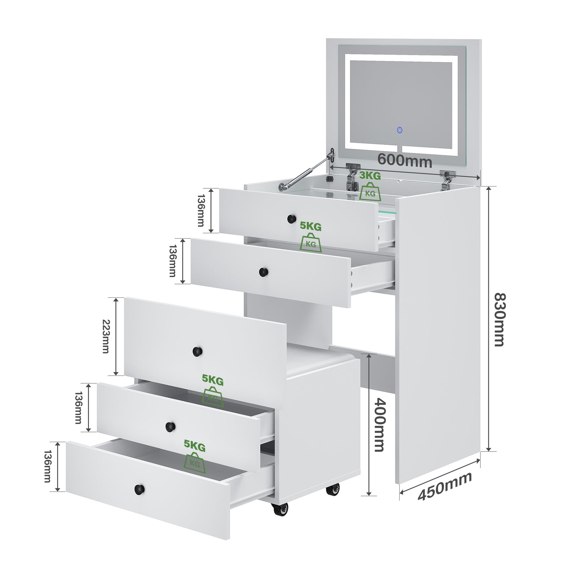 SIRHONA Coiffeuse multifonctionnelle avec chaise dissimulée et rangement divisé 59.2×42.6×127cm - SIRHONA