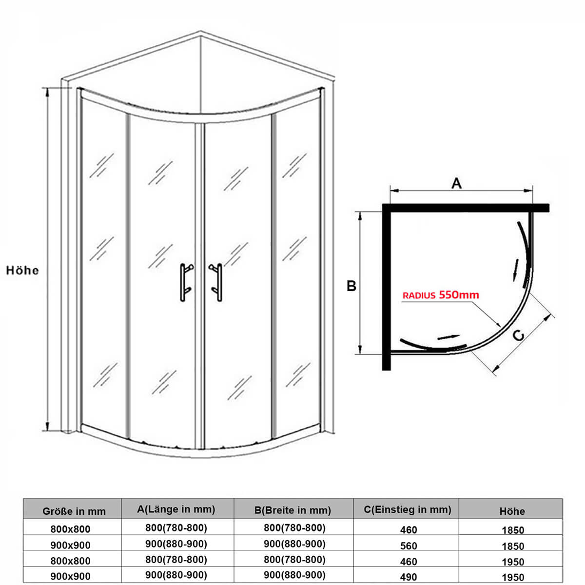 Cabine de douche Paroi de douche ronde Porte coulissante ESG Porte en verre 80/90/100cm Hauteur 185cm /195cm - SIRHONA