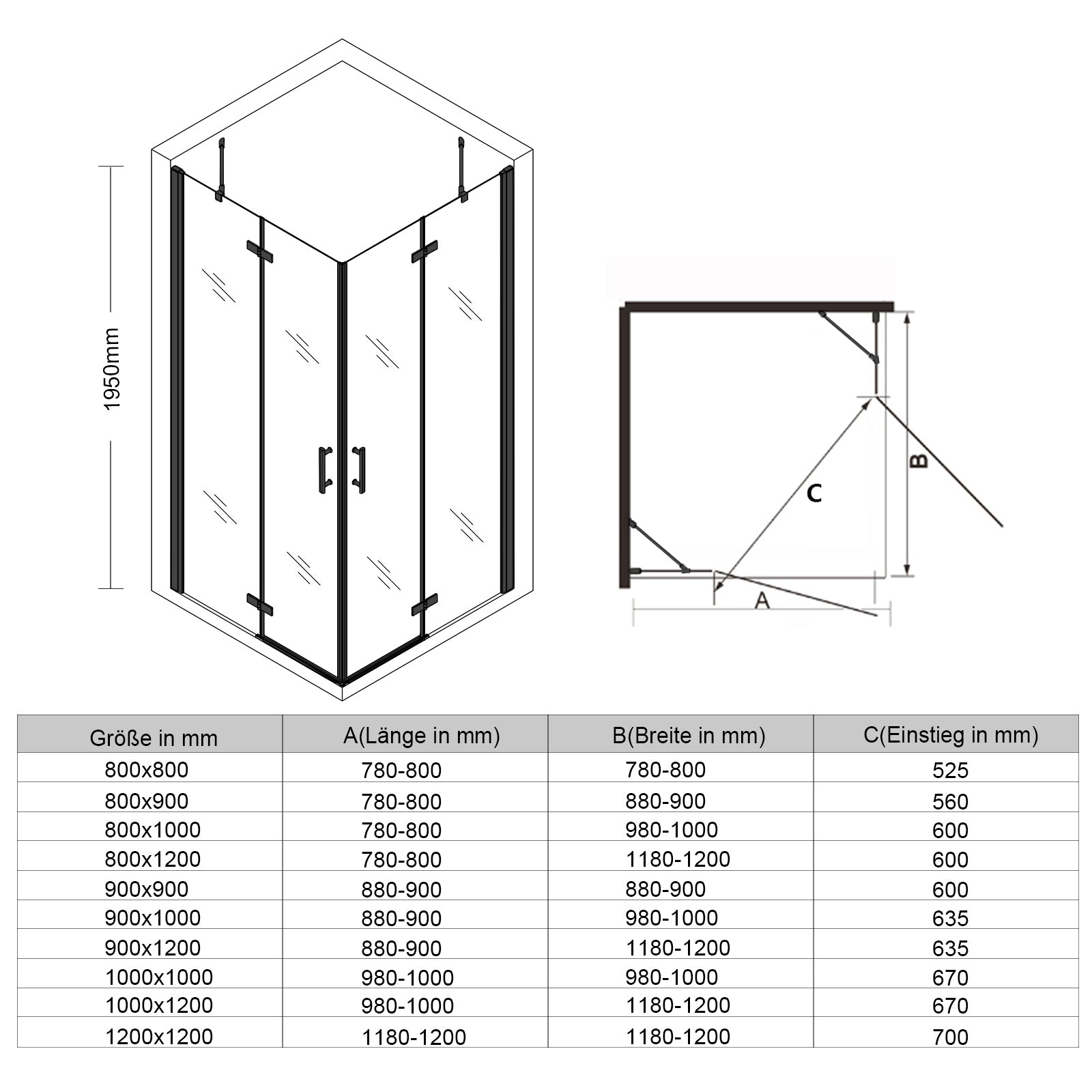 Cabine de douche accès d'angle Verre de sécurité 6mm Cadre en aluminium Hauteur 195cm noir - SIRHONA