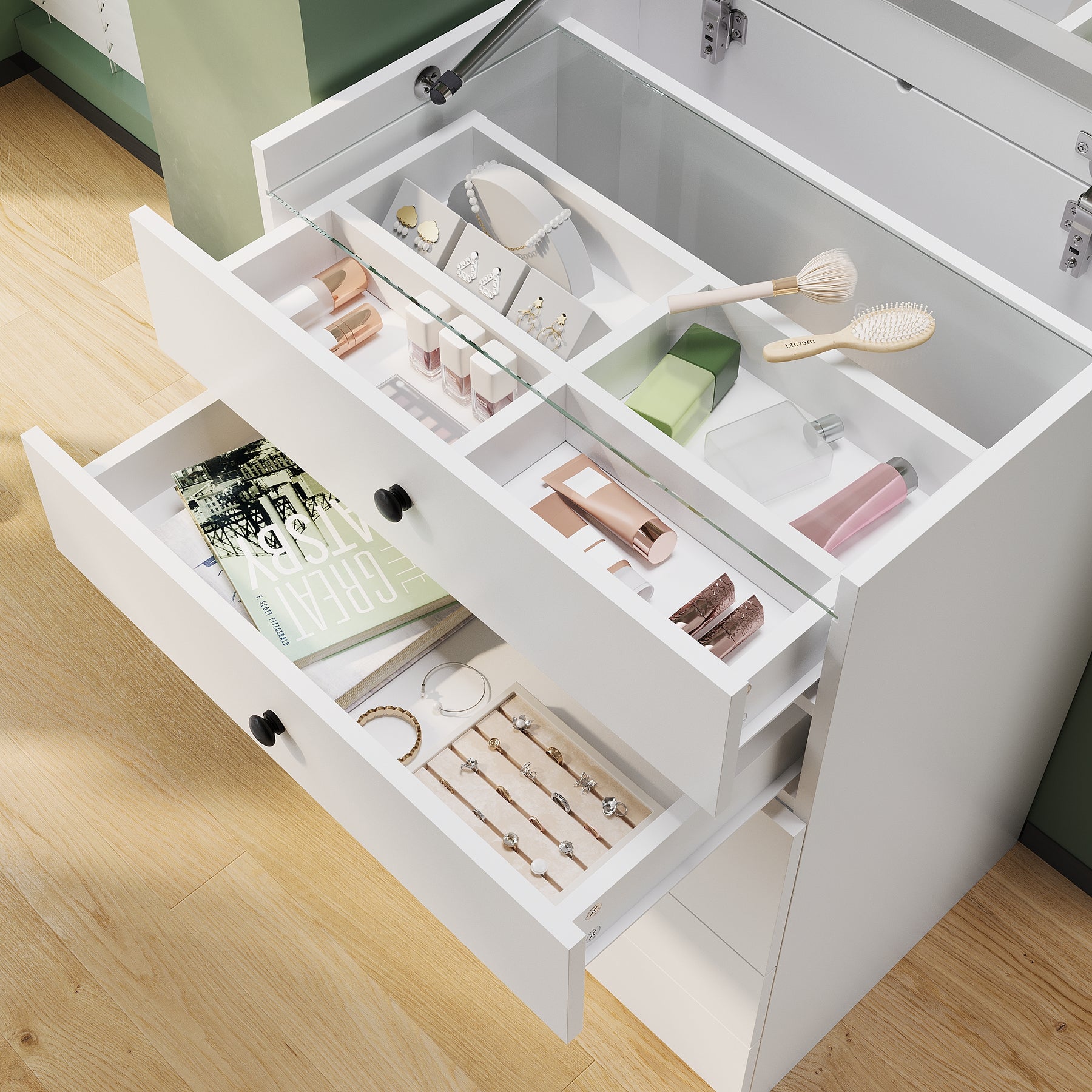 SIRHONA Coiffeuse multifonctionnelle avec chaise dissimulée et rangement divisé 59.2×42.6×127cm - SIRHONA