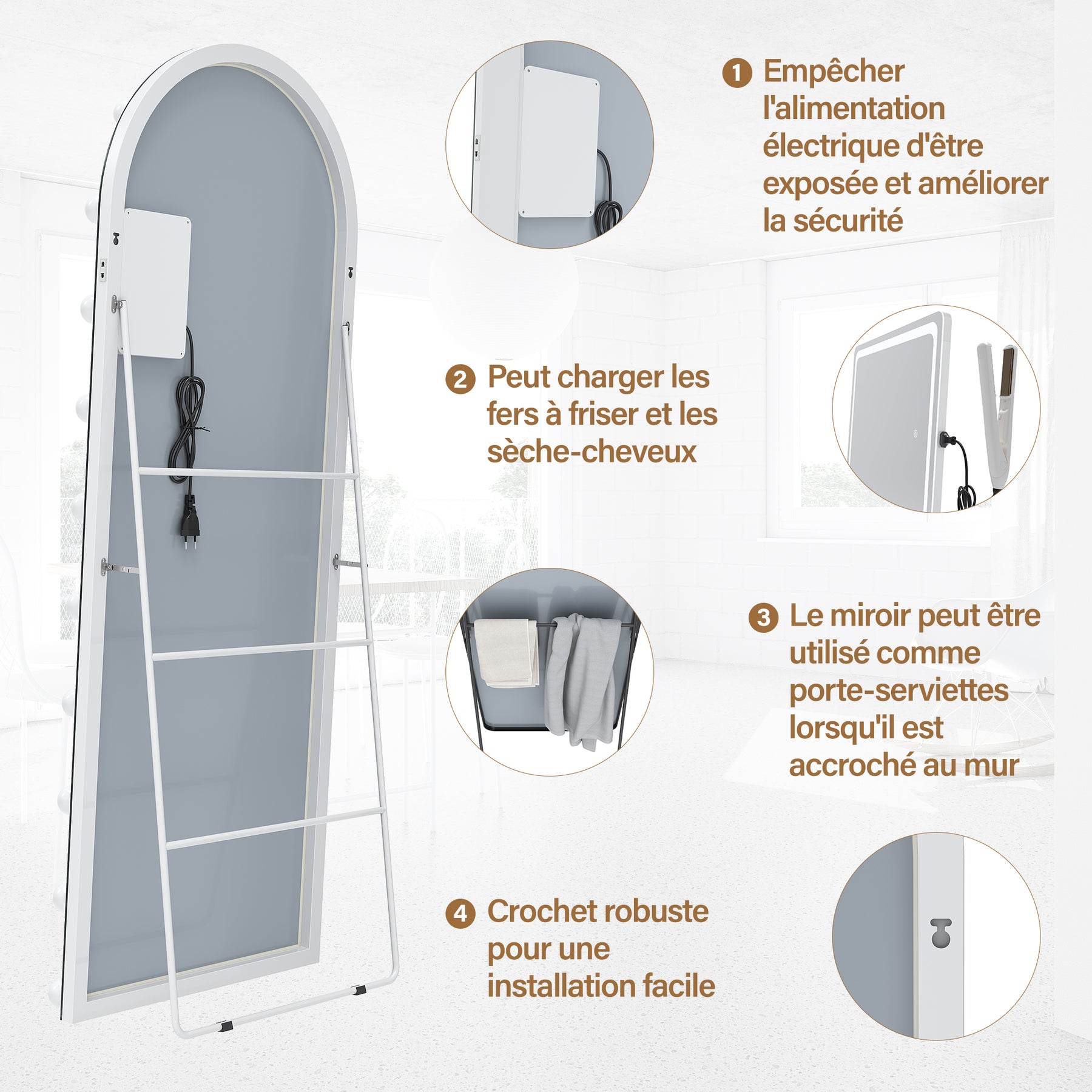 SIRHONA Miroirs sur pied de grande taille avec lumière LED à 3 couleurs 1600x600x35mm - SIRHONA