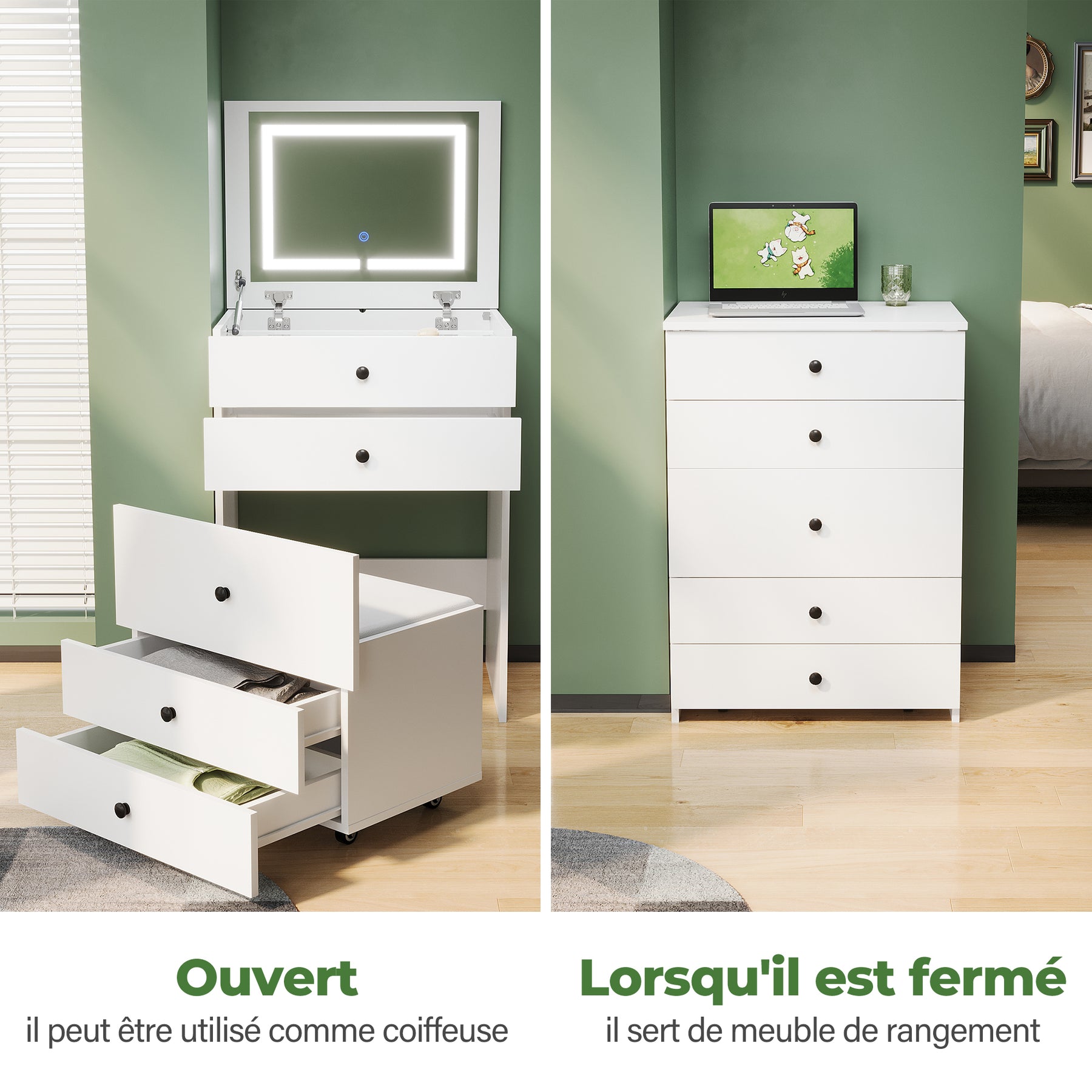 SIRHONA Coiffeuse multifonctionnelle avec chaise dissimulée et rangement divisé 59.2×42.6×127cm - SIRHONA