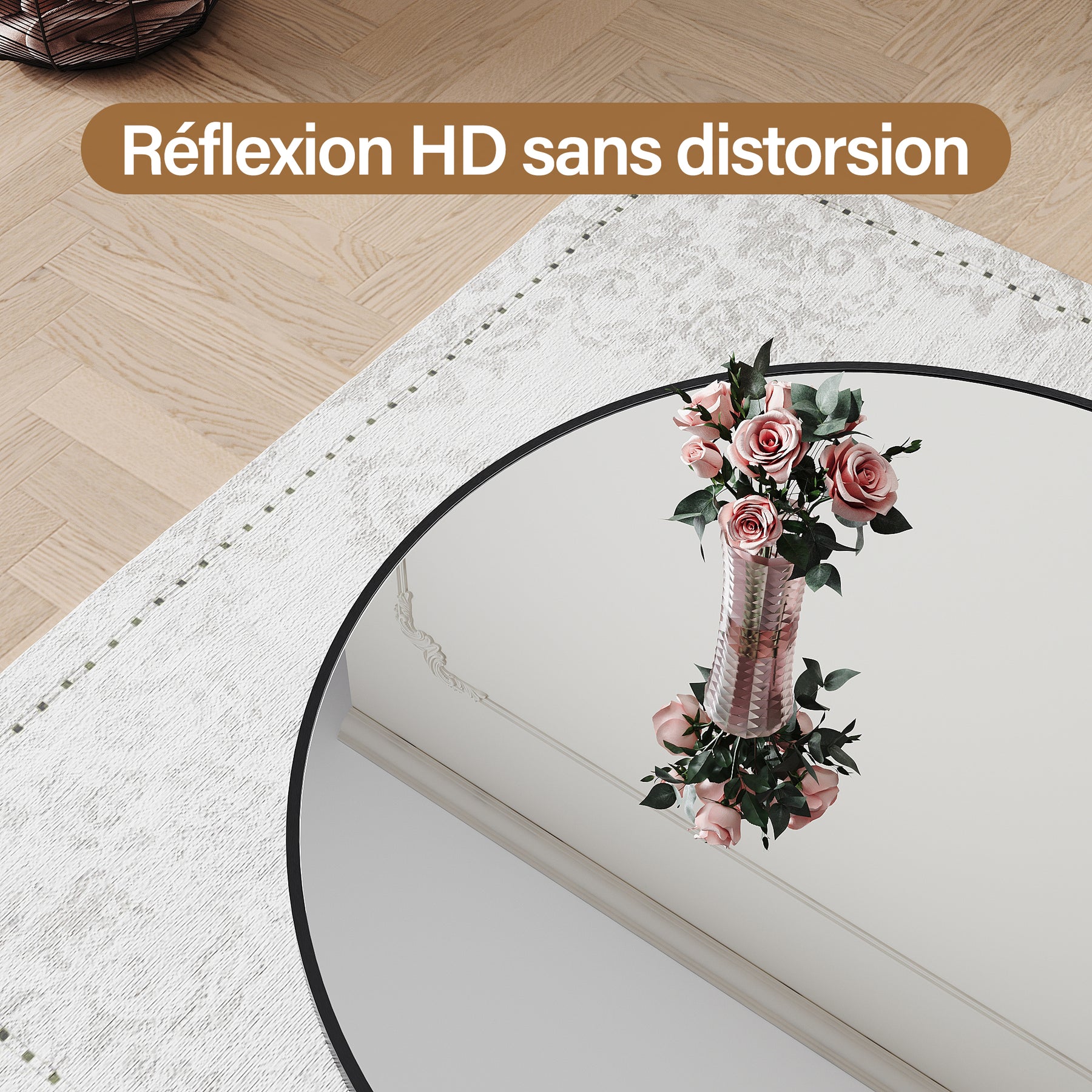 SIRHONA Miroir de maquillage avec cadre noir 900 x 900 x 35 mm, miroir rond mural - SIRHONA