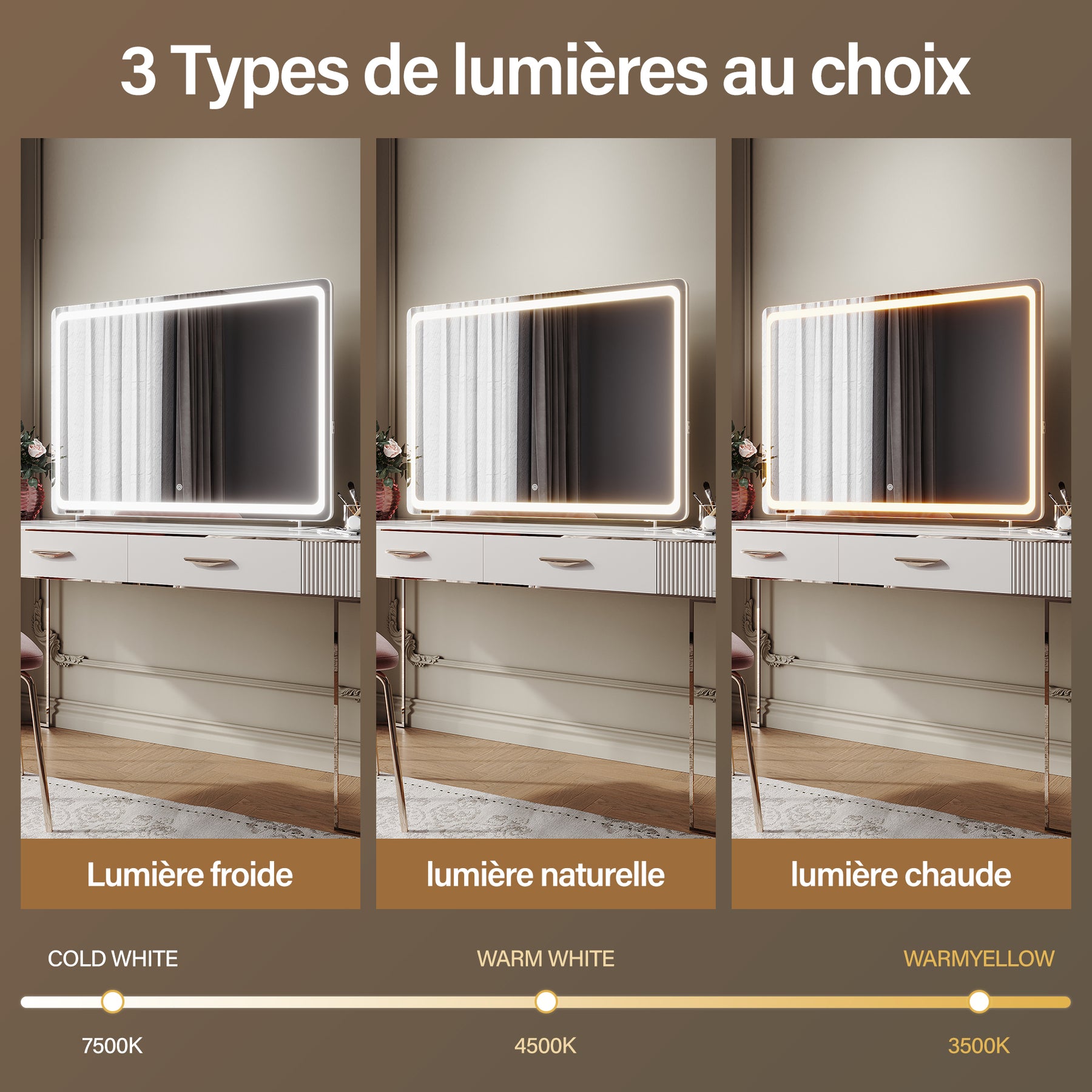 SIRHONA Miroir LED de maquillage moderne, mural ou sur pied 1000 x 700 x 35 mm - SIRHONA