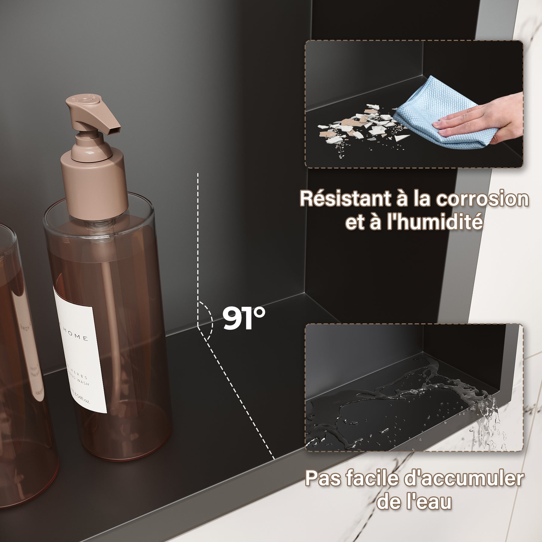 Niche murale de douche en acier inoxydable, niche de douche encastrée, étagère unique de stockage pour salle de bains, pas de carrelage nécessaire, 90 x 30 x 10 cm, noir - SIRHONA