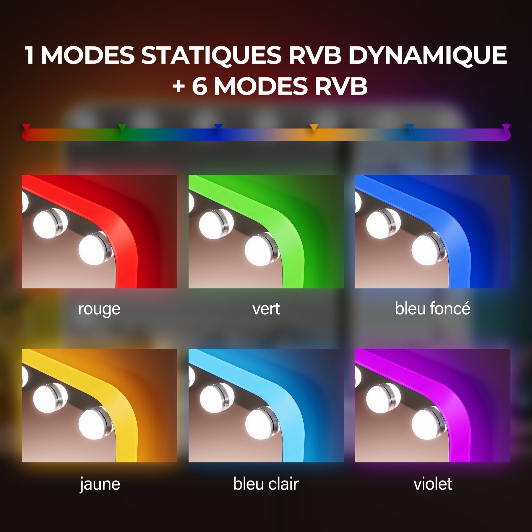 SIRHONA Miroir Mural Miroir Maquillage 58x43cm avec lumière RGB et ampoule LED Miroir Hollywood 3 couleurs