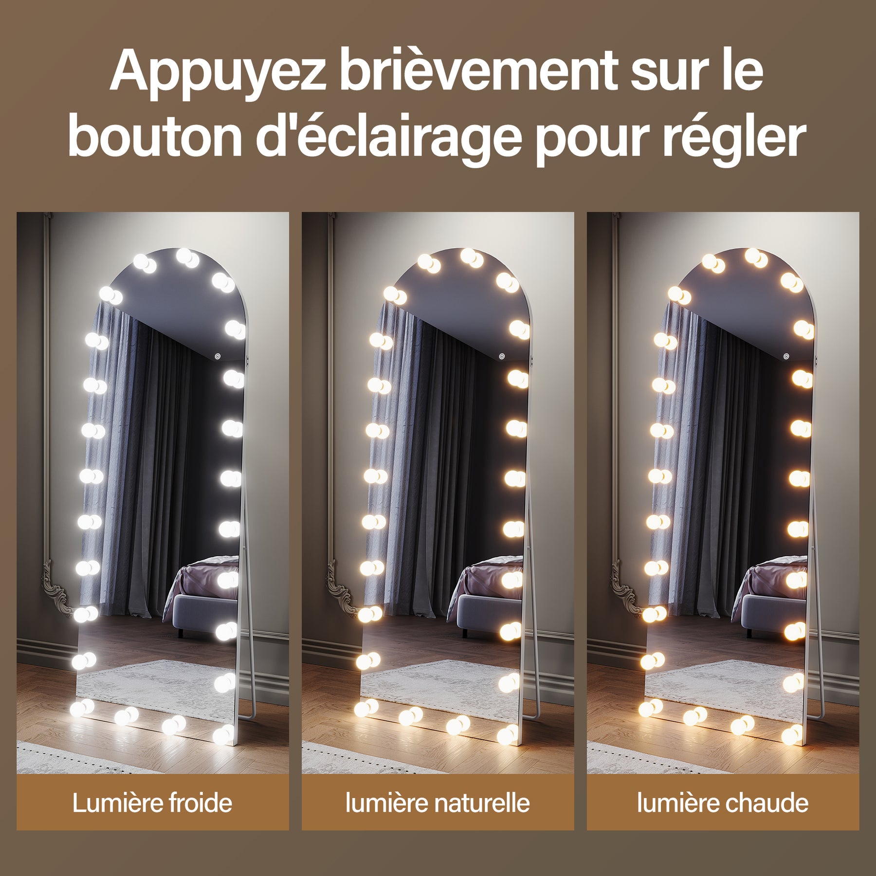 SIRHONA Miroirs sur pied de grande taille avec lumière LED à 3 couleurs 1600x600x35mm - SIRHONA