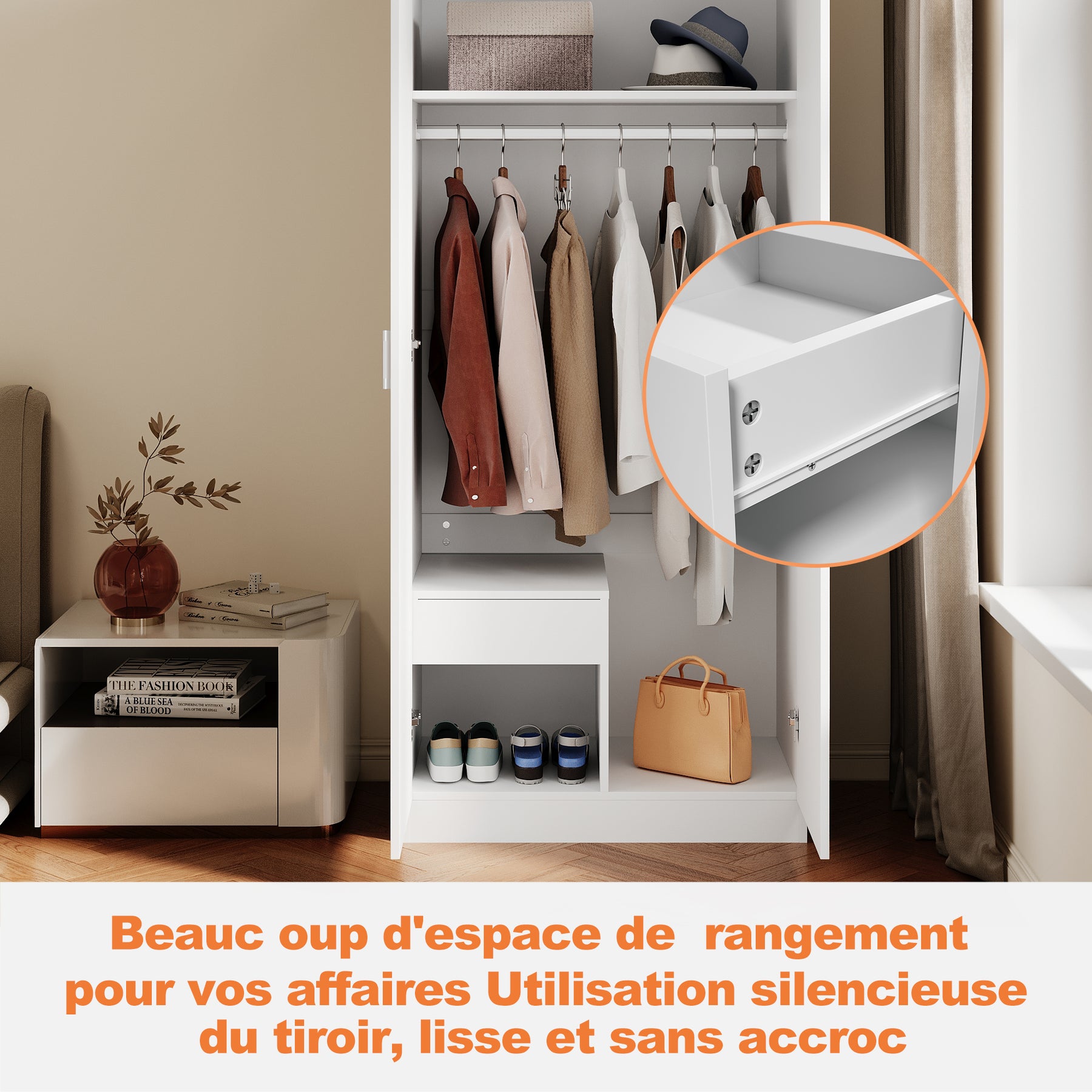 Armoire moderne 2 portes avec beaucoup d'espace de rangement, armoire polyvalente à portes battantes en blanc avec porte miroir, 76 x 47x 180cm - SIRHONA