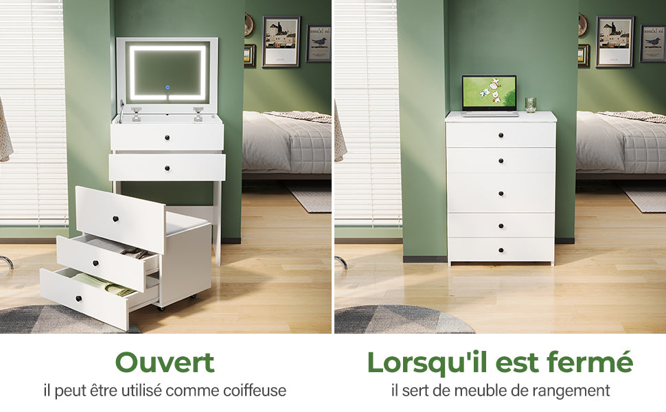 SIRHONA Coiffeuse multifonctionnelle avec chaise dissimulée et rangement divisé 59.2×42.6×127cm - SIRHONA
