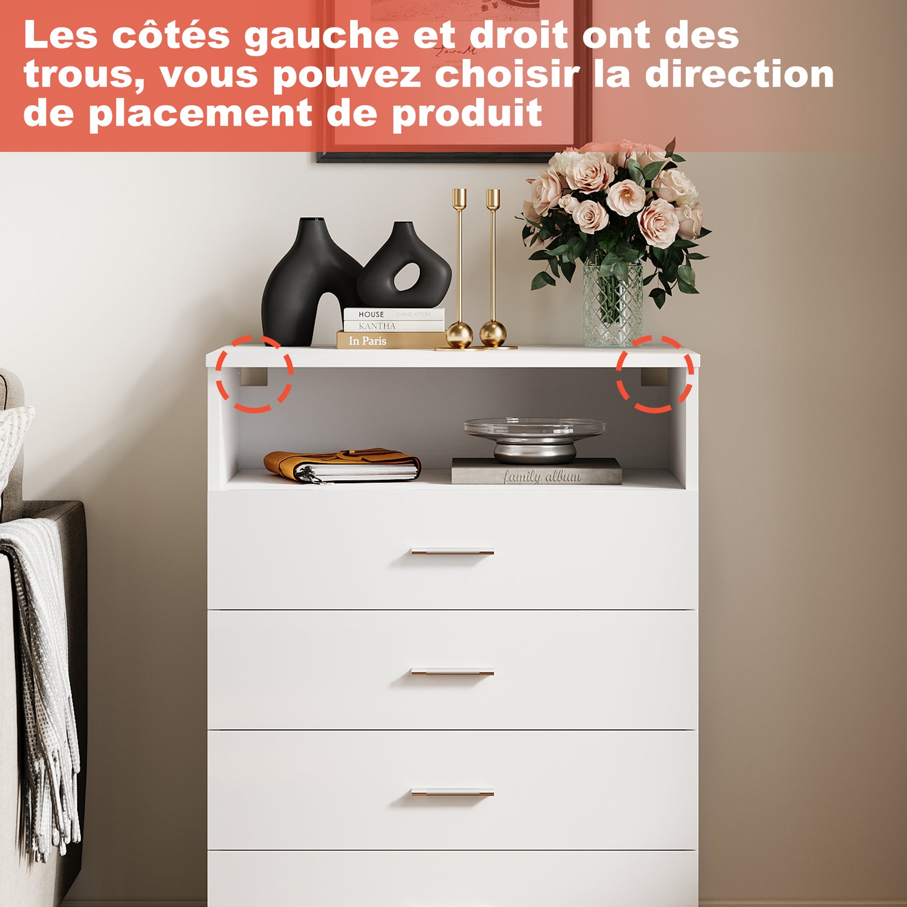 SIRHONA Commode Verticale LED 4 Tiroirs Blanche Brillante W 60 x D 40 x H 83 cm - SIRHONA