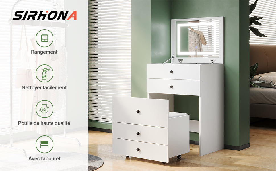 SIRHONA Coiffeuse multifonctionnelle avec chaise dissimulée et rangement divisé 59.2×42.6×127cm - SIRHONA
