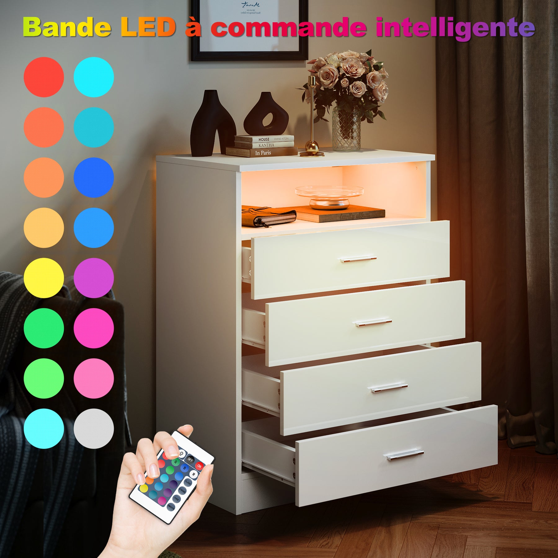 SIRHONA Commode Verticale LED 4 Tiroirs Blanche Brillante W 60 x D 40 x H 83 cm - SIRHONA