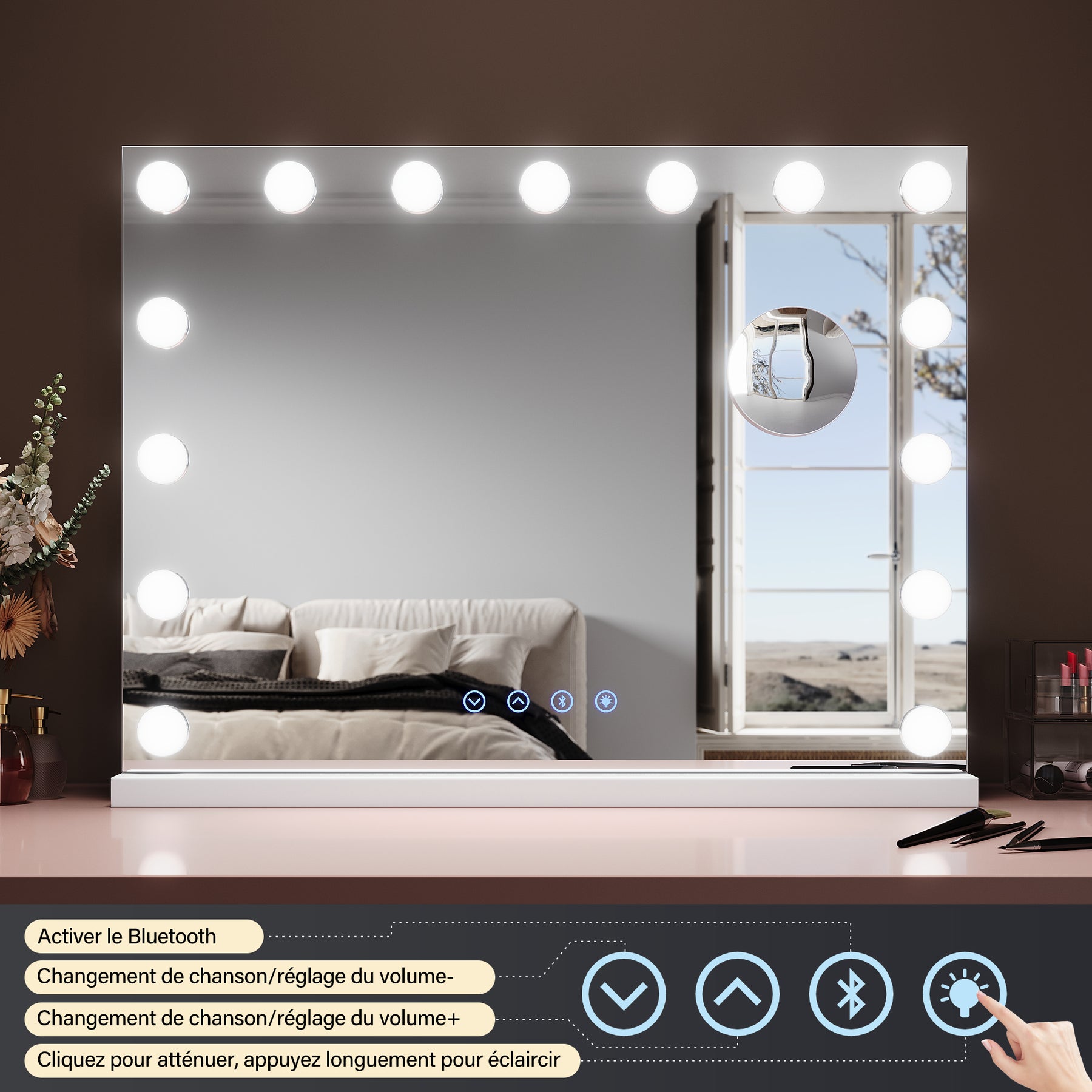 SIRHONA Miroir Mural Miroir Maquillage 58x43cm LED Mirror Hollywood 3 couleurs - SIRHONA