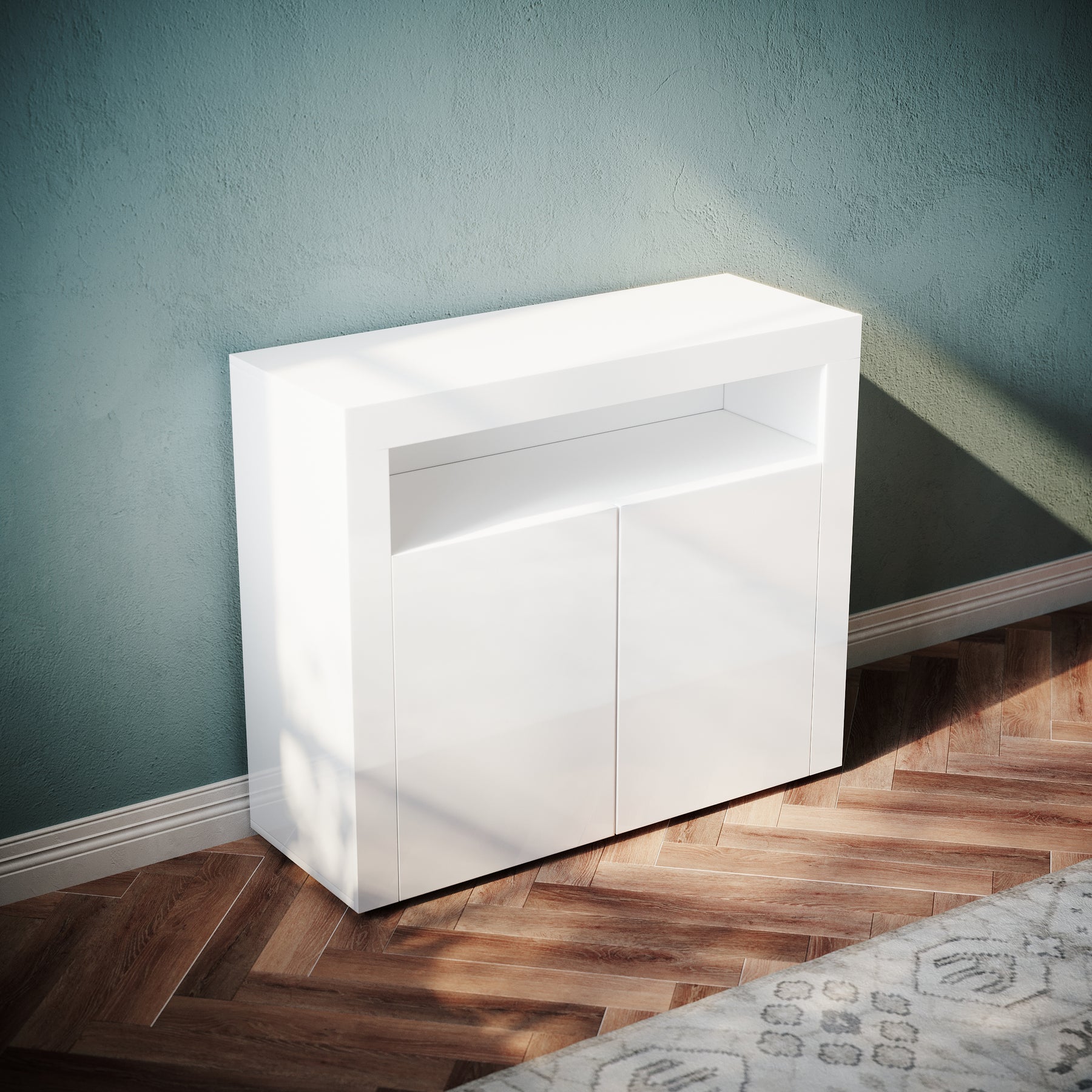 Commode Sideboard avec éclairage LED brillant Meuble de Armoire de salon, blanc - SIRHONA
