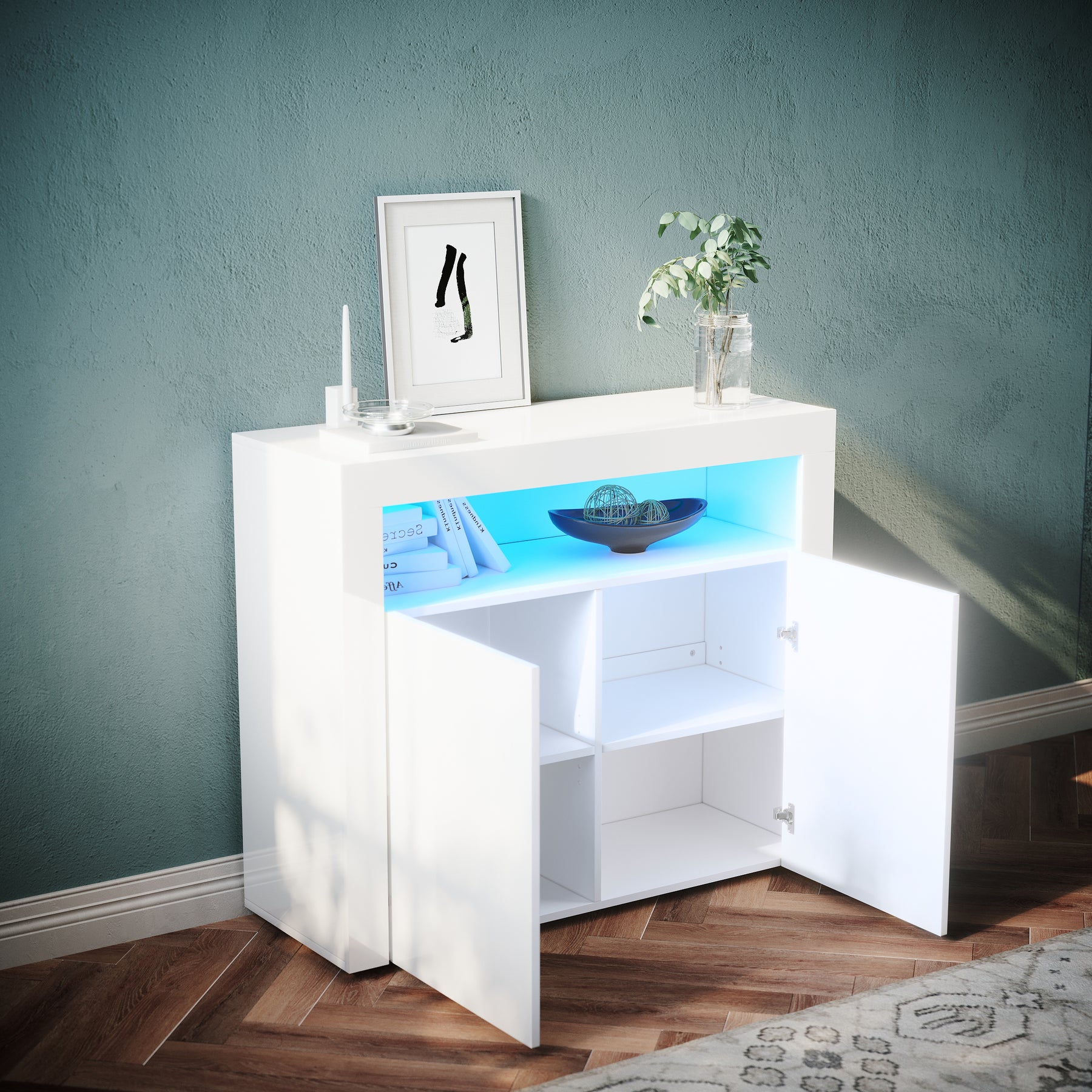Commode Sideboard avec éclairage LED brillant Meuble de Armoire de salon, blanc - SIRHONA