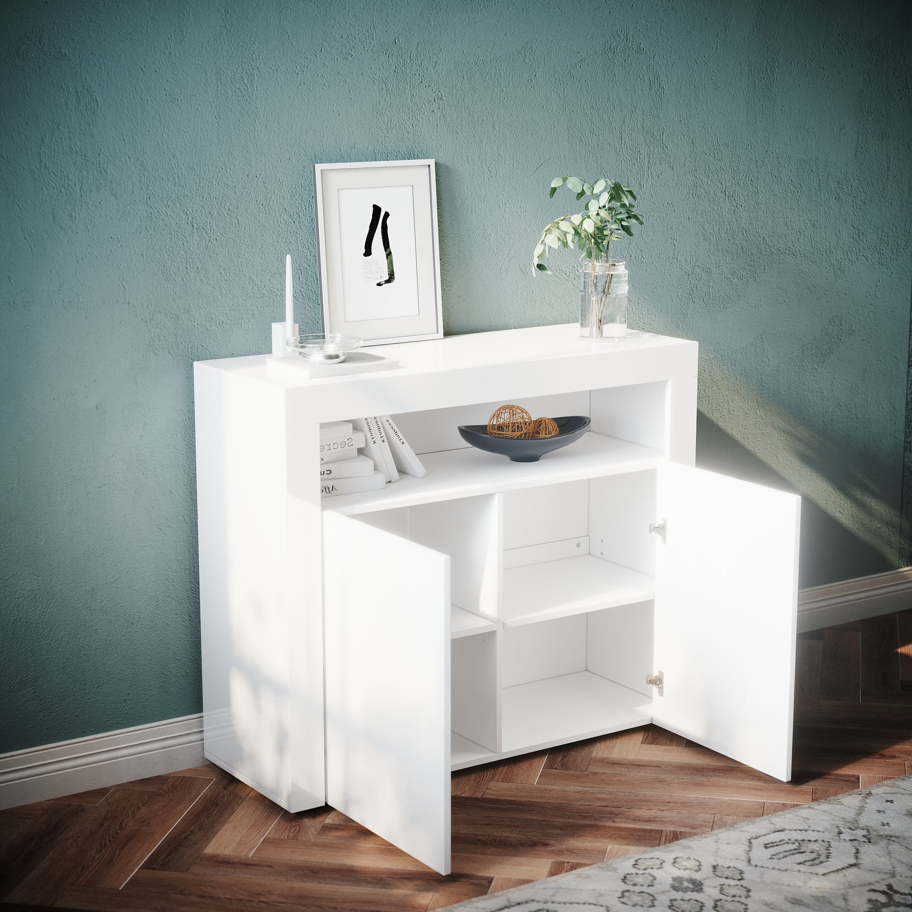 Commode Sideboard avec éclairage LED brillant Meuble de Armoire de salon, blanc - SIRHONA