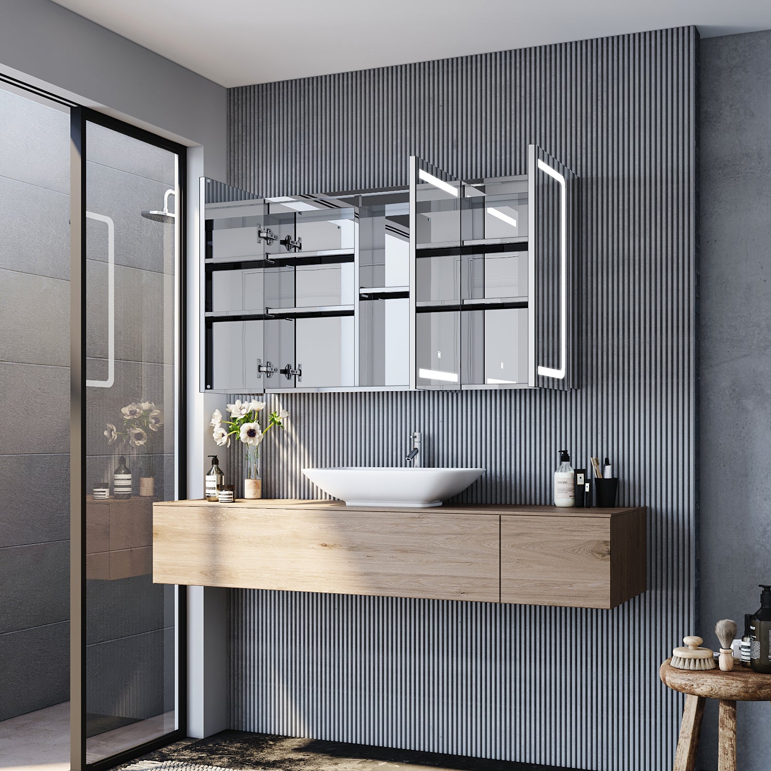 Armoire de toilette avec acier inoxydable 3 portes 13x105x65cm - SIRHONA