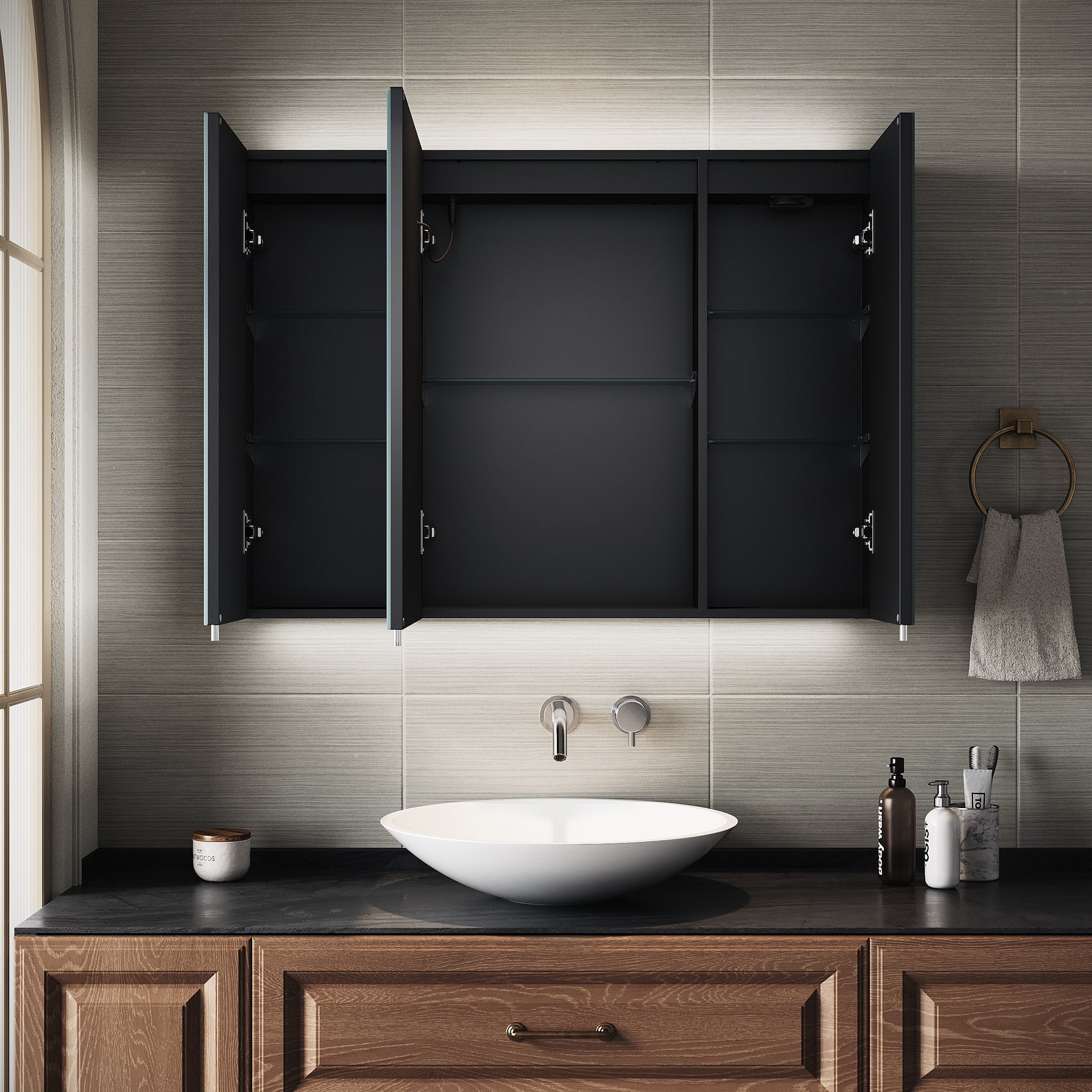 SIRHONA Armoire de Toilette Miroir, Armoire Murale avec Éclairage LED et Prises de Courant, 90 x 65 x 13cm - SIRHONA