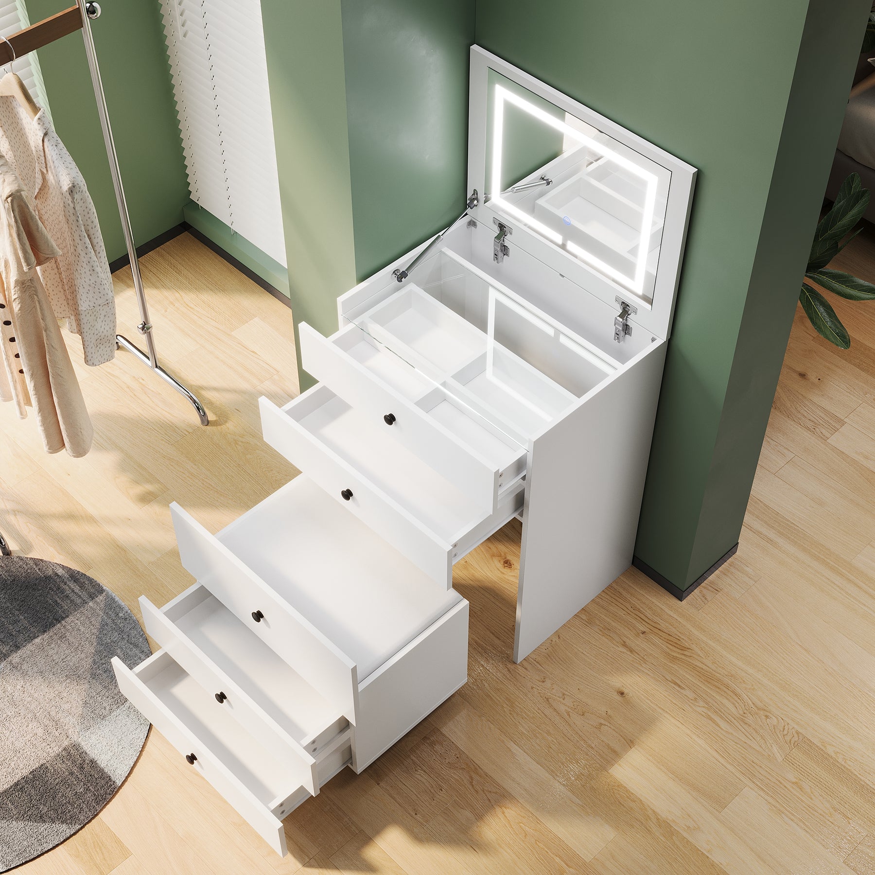 SIRHONA Coiffeuse multifonctionnelle avec chaise dissimulée et rangement divisé 59.2×42.6×127cm - SIRHONA