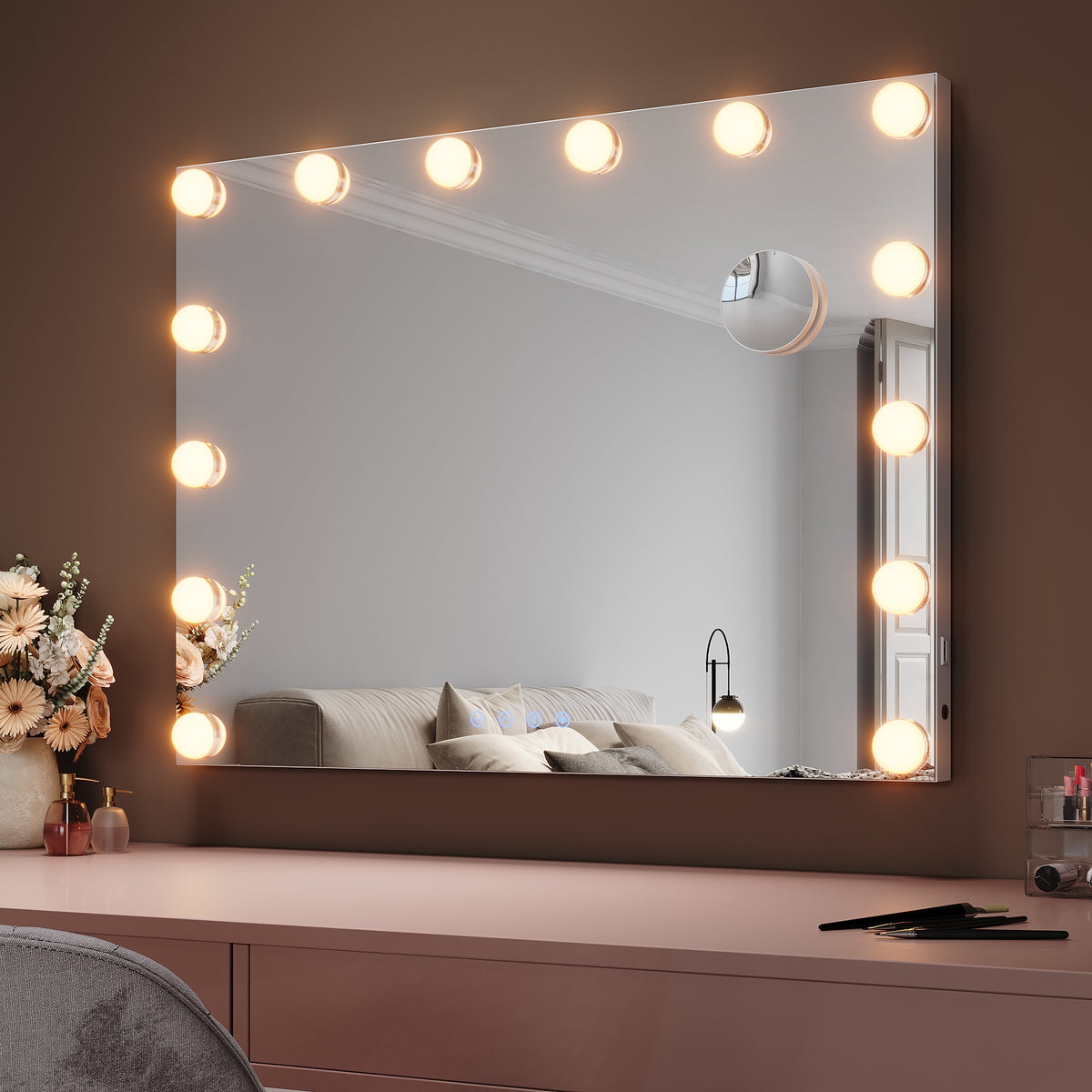 SIRHONA Miroir Mural Miroir Maquillage 80x60cm avec  3 couleurs luminosité réglable miroir grossissant 10X - SIRHONA