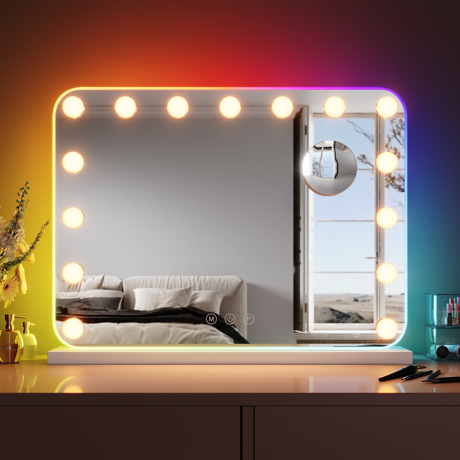SIRHONA Miroir Mural Miroir Maquillage 58x43cm avec lumière RGB et ampoule LED Miroir Hollywood 3 couleurs