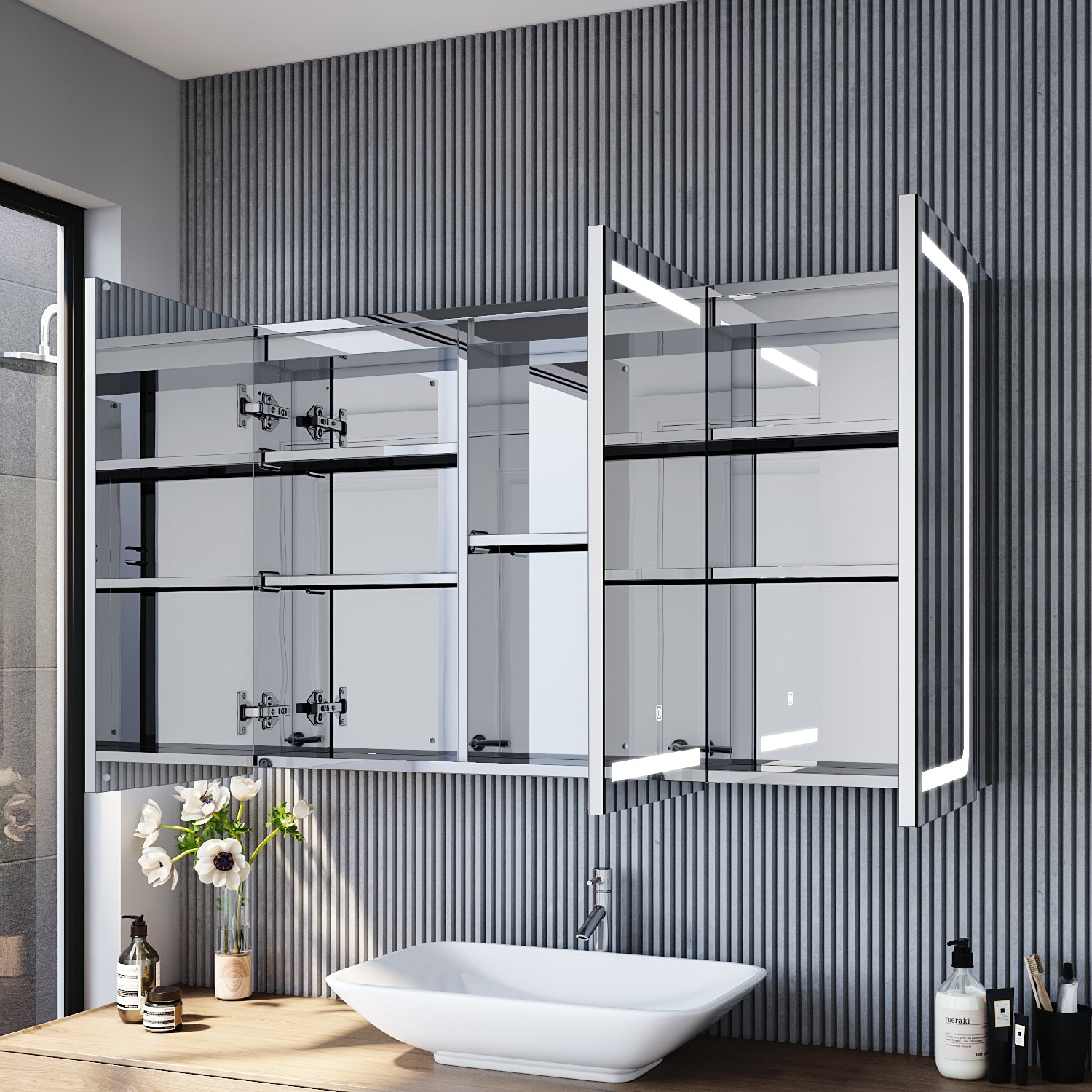 Armoire de toilette avec acier inoxydable 3 portes 13x105x65cm - SIRHONA