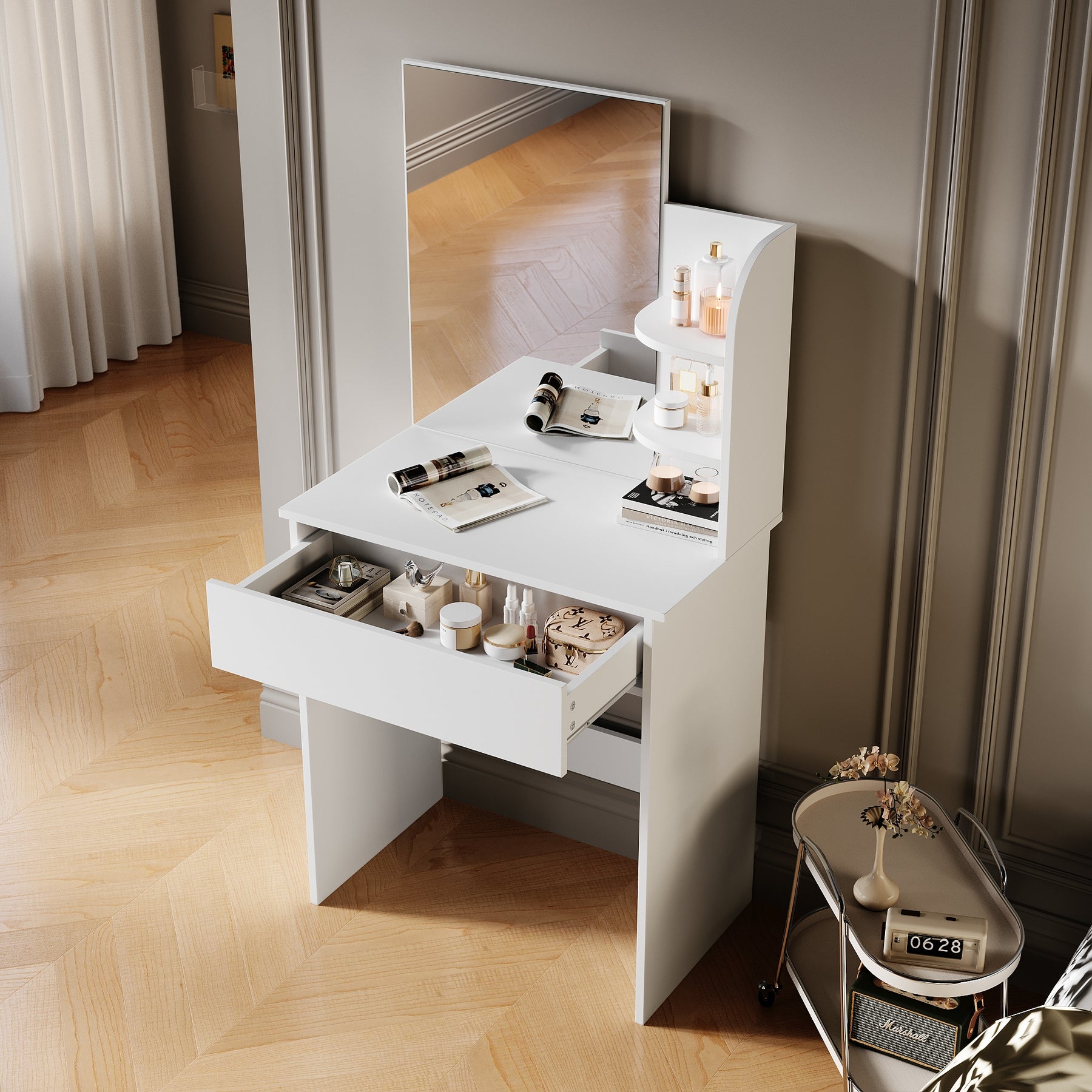 SIRHONA Coiffeuse avec Miroir, Table de Maquillage avec Grands Tiroirs et étagères de rangement, Blanc 70x40x140cm - SIRHONA