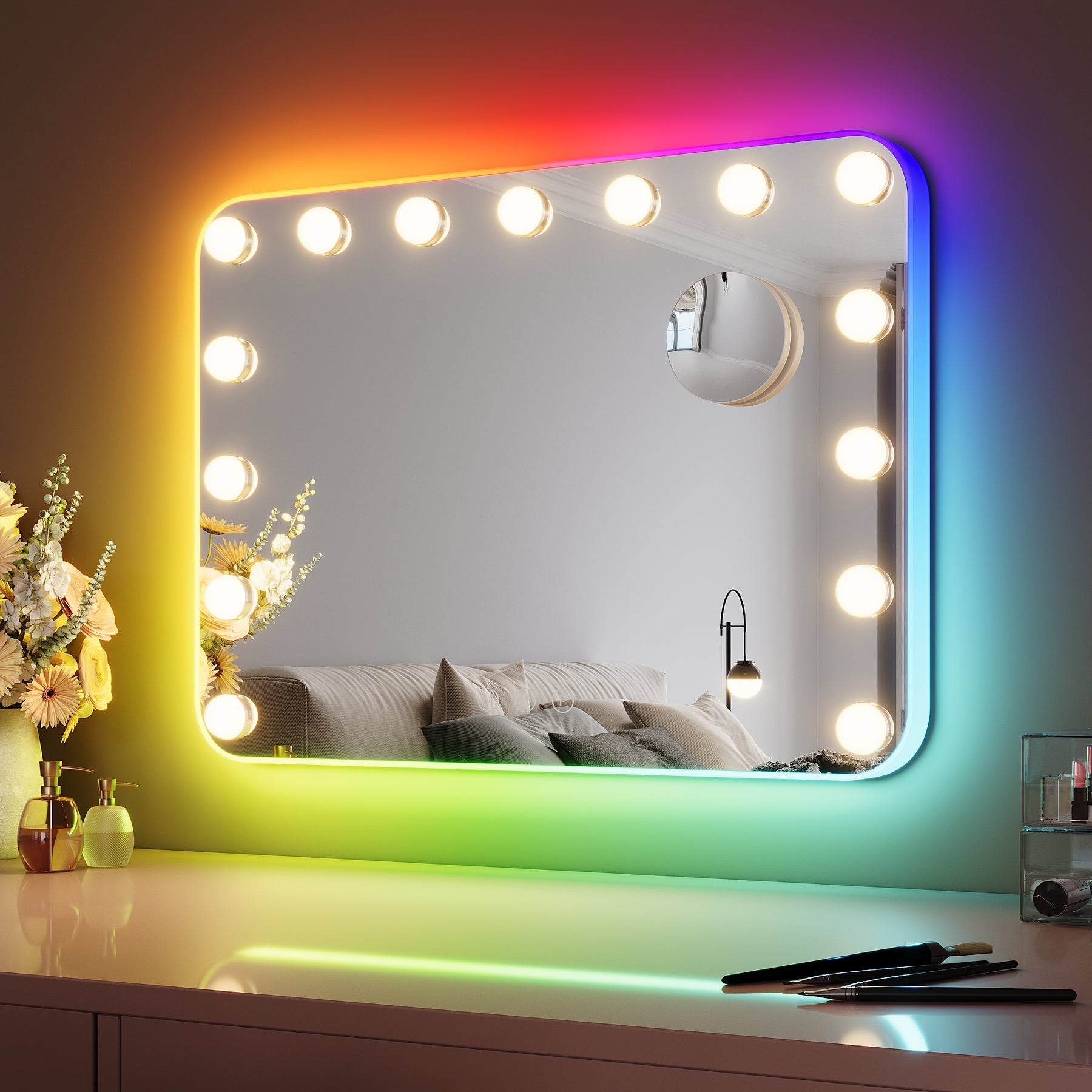 SIRHONA Miroir Mural Miroir Maquillage 58x43cm avec lumière RGB et ampoule LED Miroir Hollywood 3 couleurs