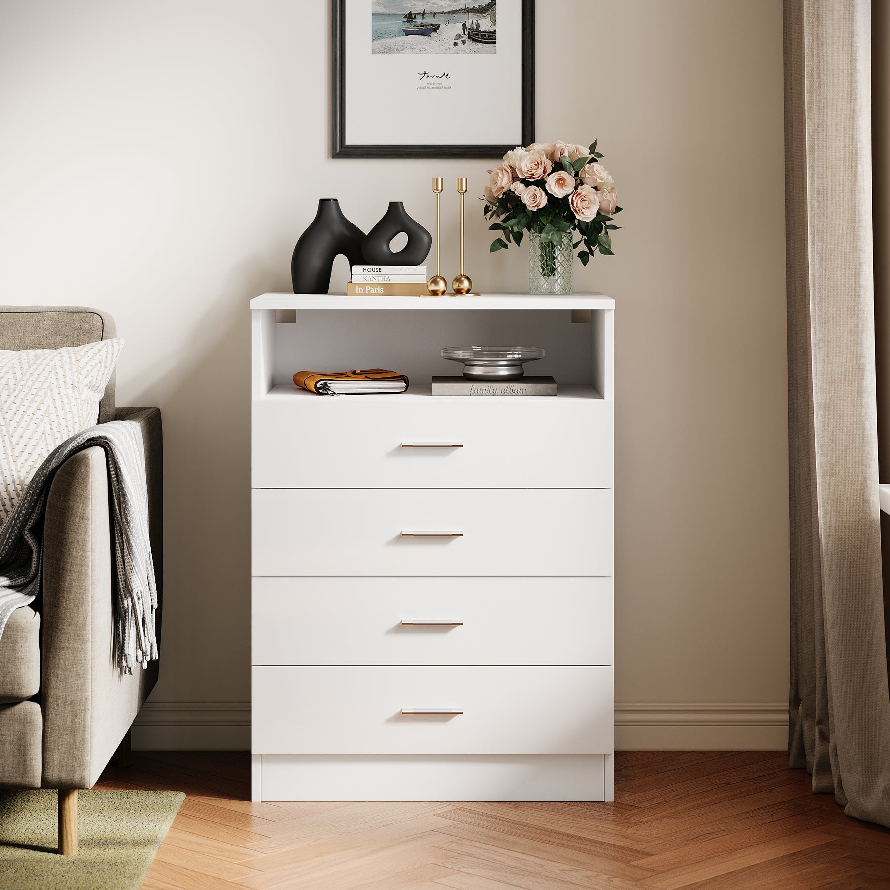SIRHONA Commode Verticale LED 4 Tiroirs Blanche Brillante W 60 x D 40 x H 83 cm - SIRHONA
