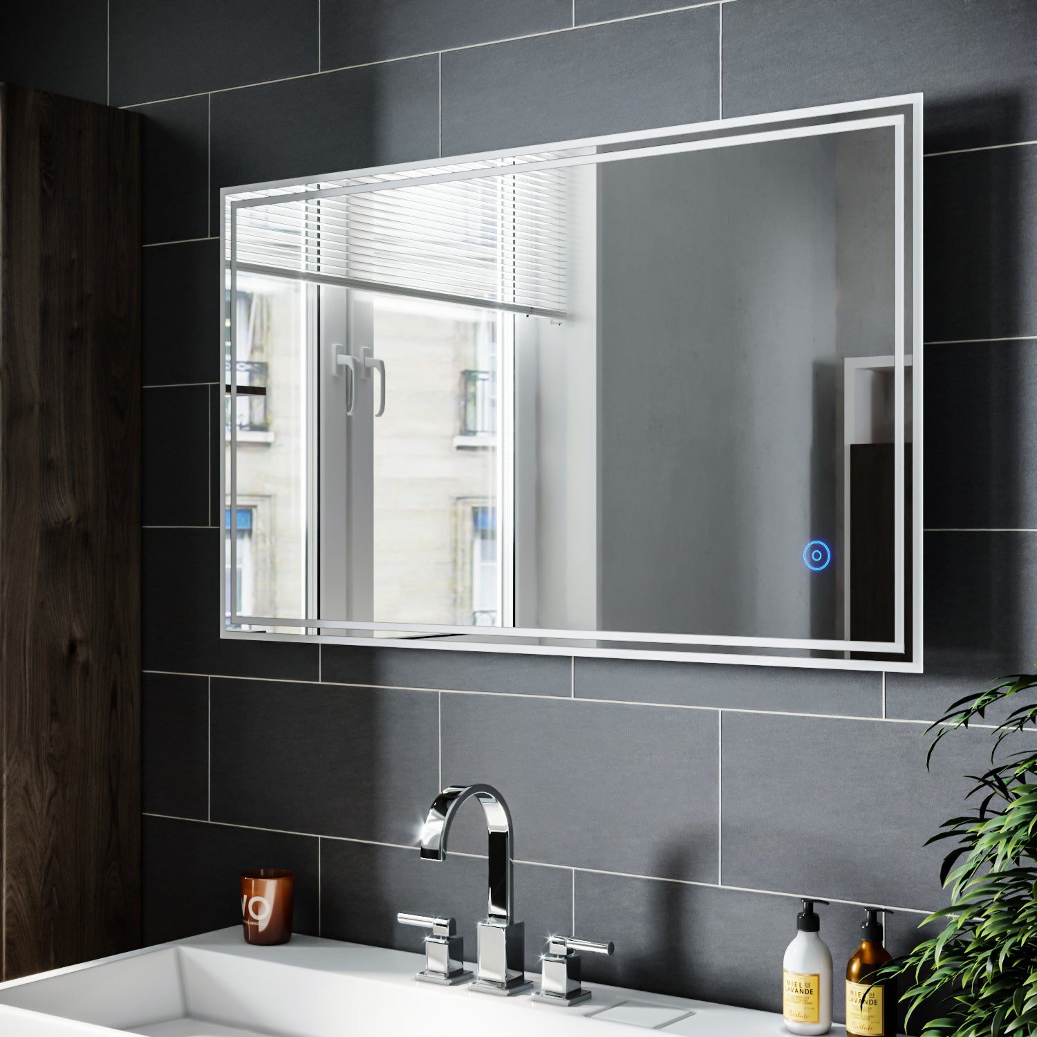 SIRHONA Miroir led Miroir de salle de bains avec éclairage LED Miroir Cosmétiques Mural Lumière Illumination avec Commande par Effleurement 100x60 CM - SIRHONA