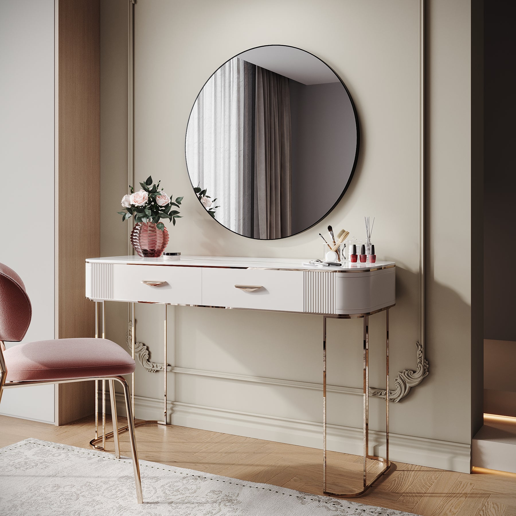 SIRHONA Miroir de maquillage avec cadre noir 800 x 800 x 35 mm, miroir rond mural