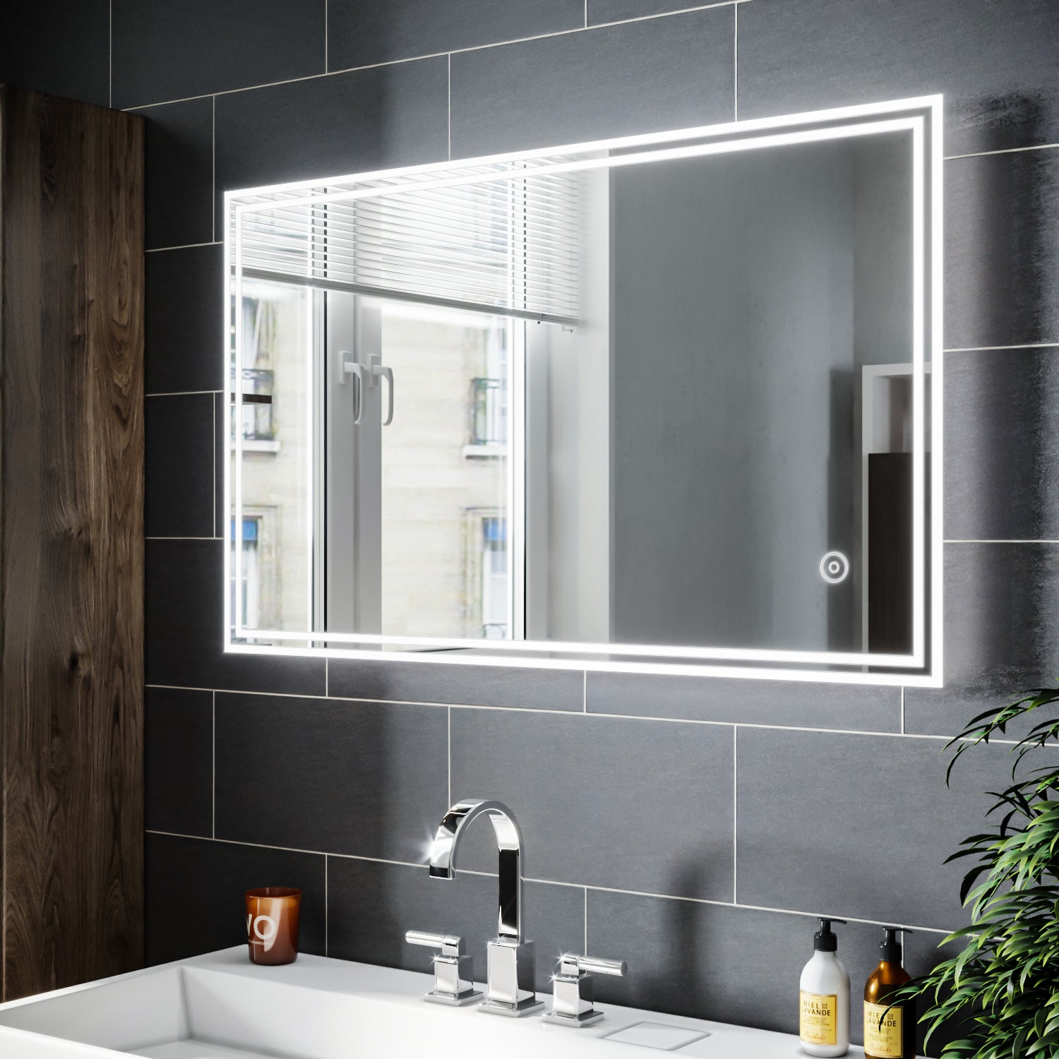 SIRHONA Miroir led Miroir de salle de bains avec éclairage LED Miroir Cosmétiques Mural Lumière Illumination avec Commande par Effleurement 100x60 CM - SIRHONA