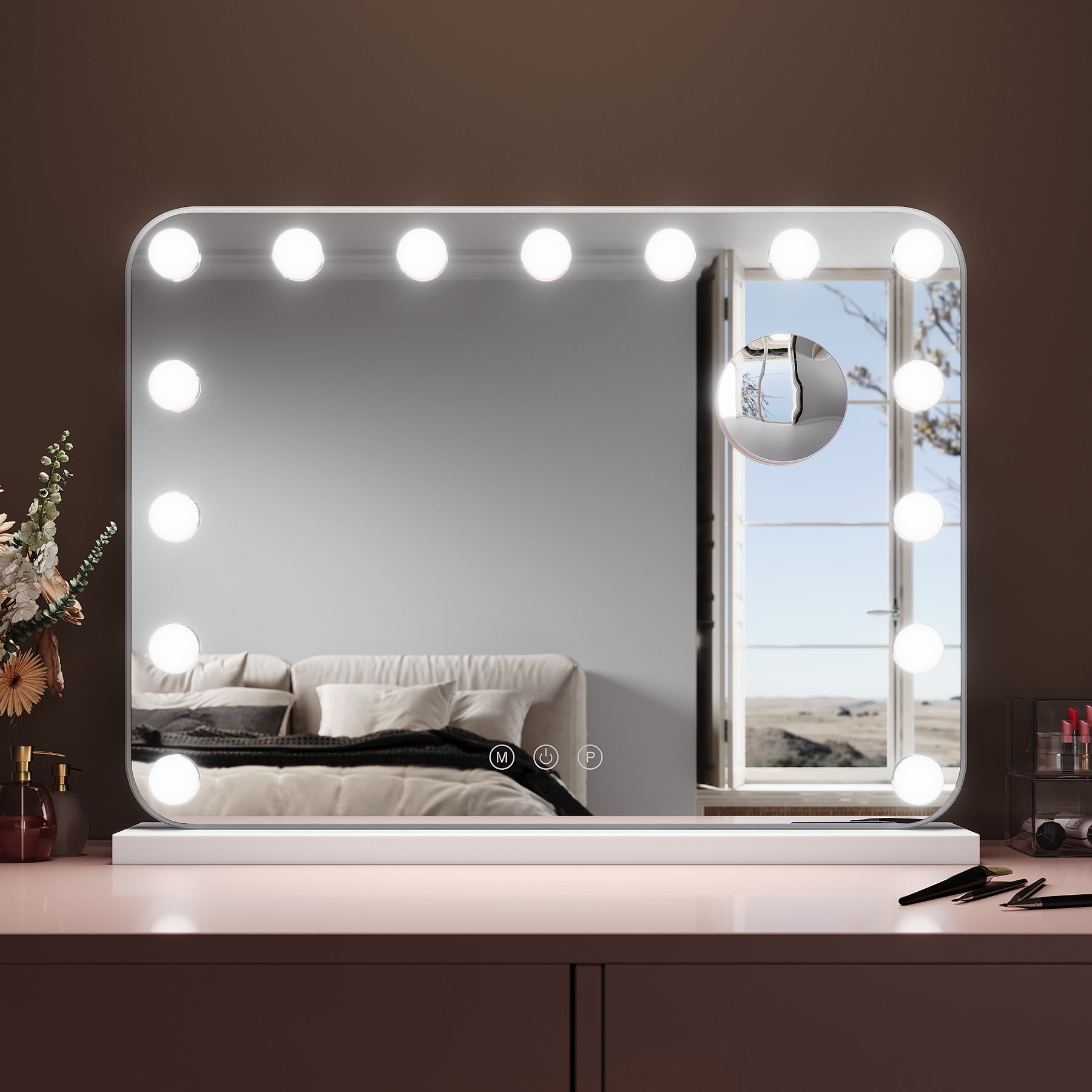 SIRHONA Miroir Mural Miroir Maquillage 58x43cm avec lumière RGB et ampoule LED Miroir Hollywood 3 couleurs